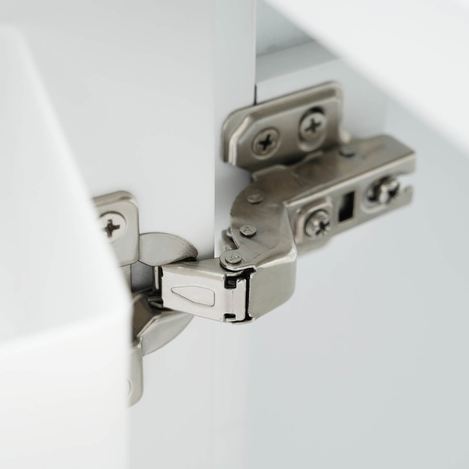 Hinge detail on 30 inch modern white silk finish freestanding vanity