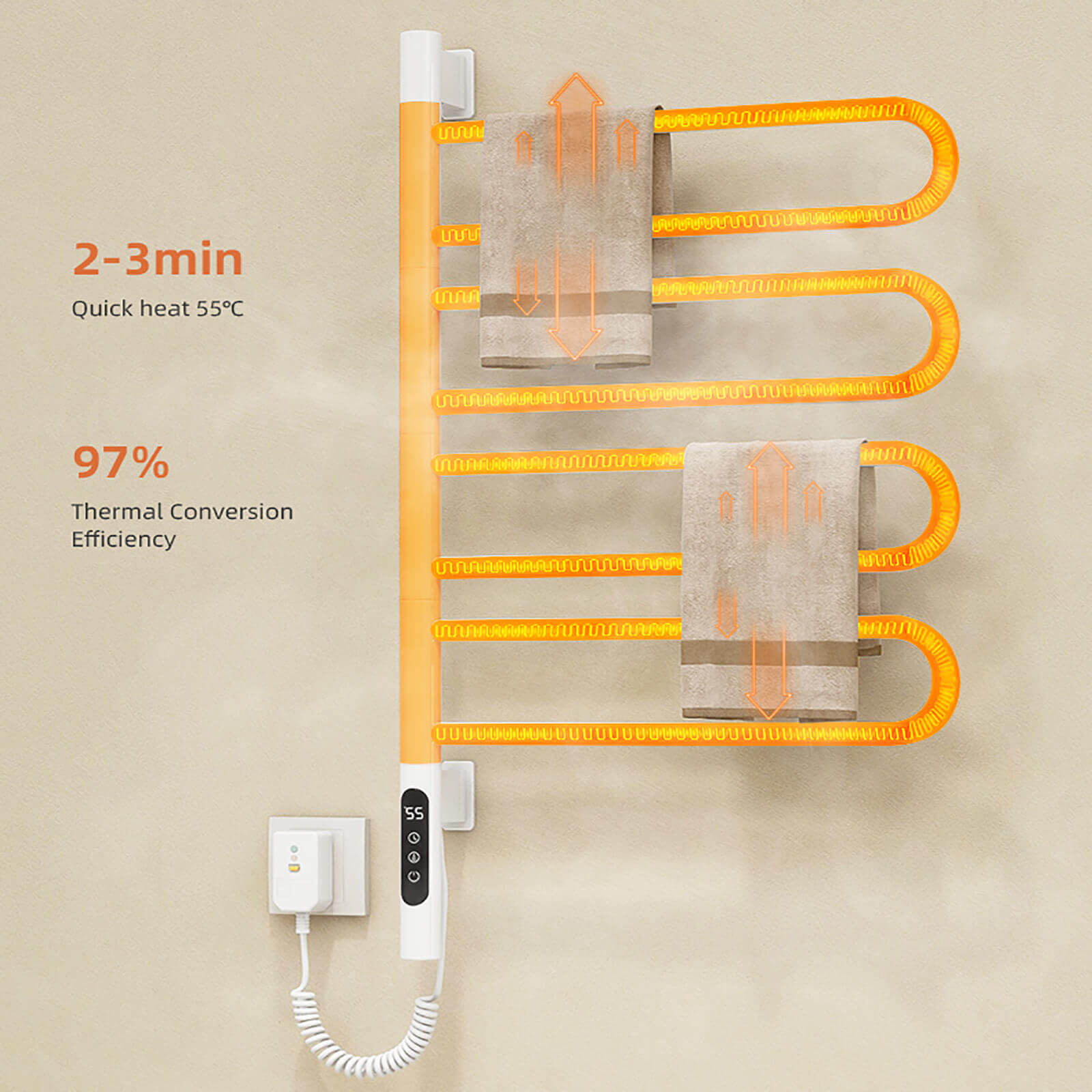 Illustration of the heating effect of a modern white wall mounted bathroom towel warmer to prevent bacteria