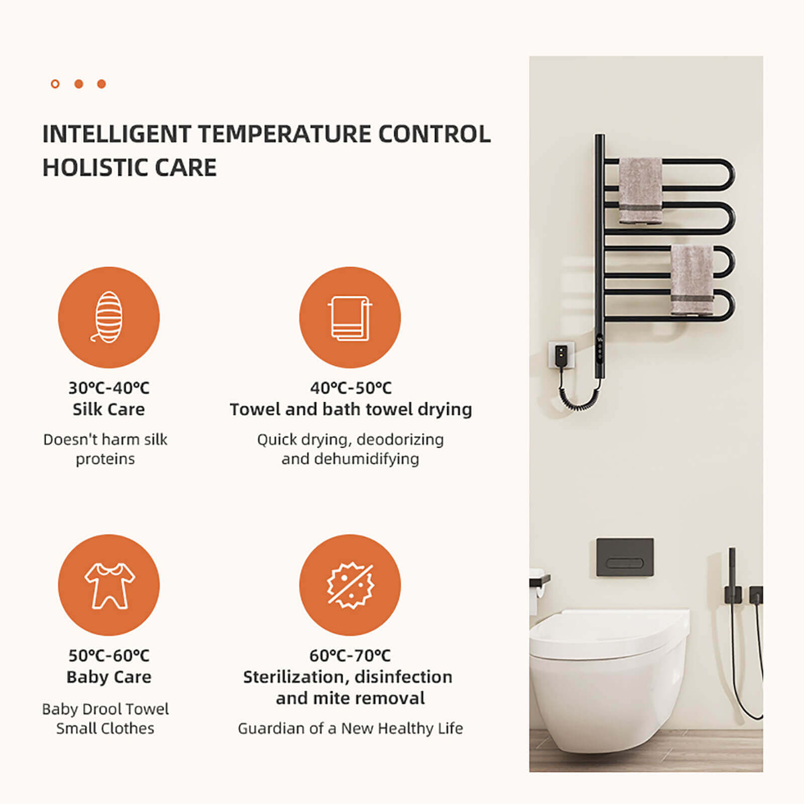 Illustration of the heating function of a modern white wall mounted bathroom towel warmer to prevent bacteria