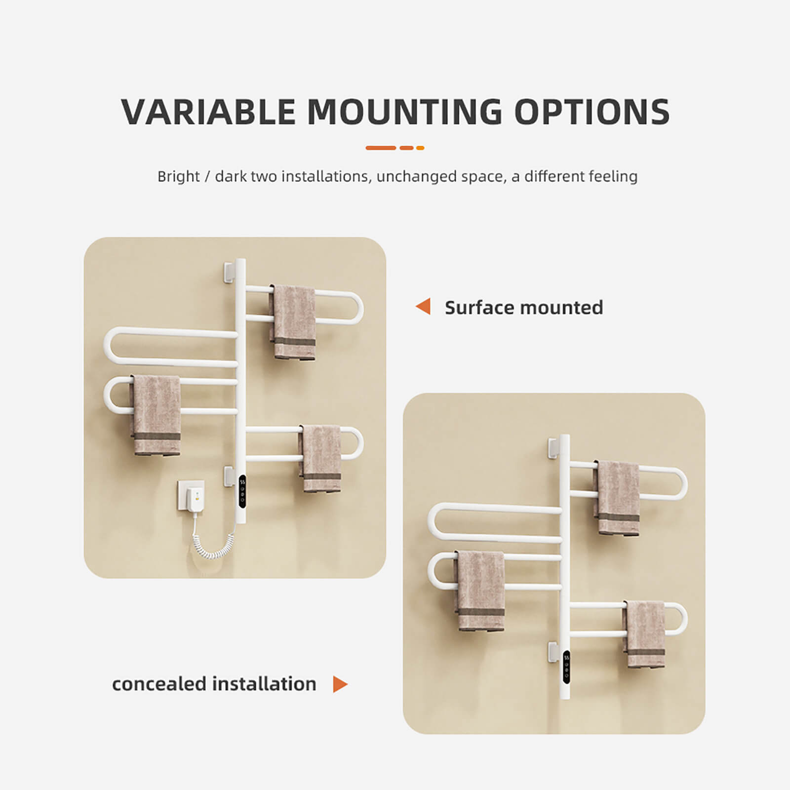 Illustration of two installation methods for a modern white wall-mounted bathroom towel warmer to prevent bacteria