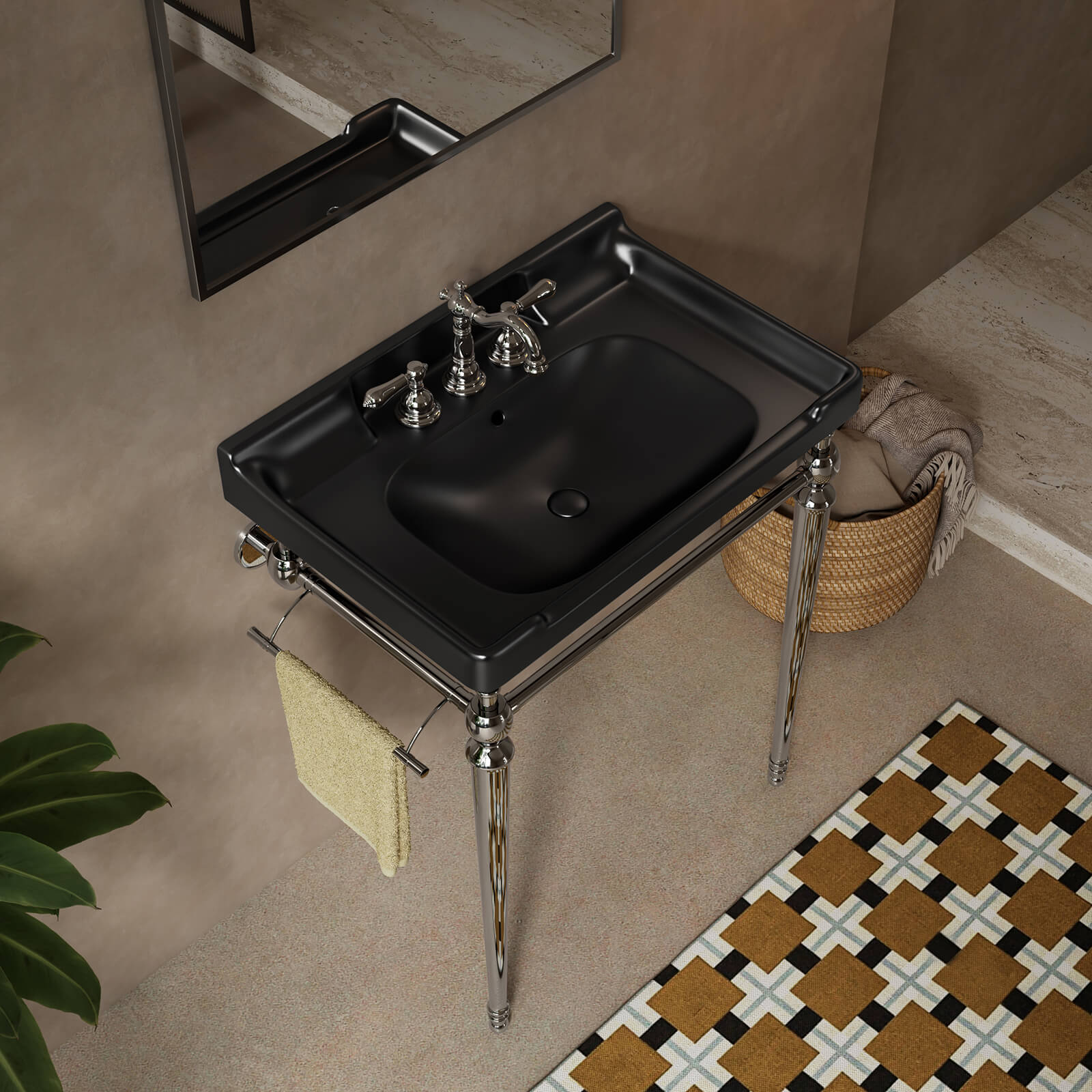 Industrial style black sink with shiny chrome supports