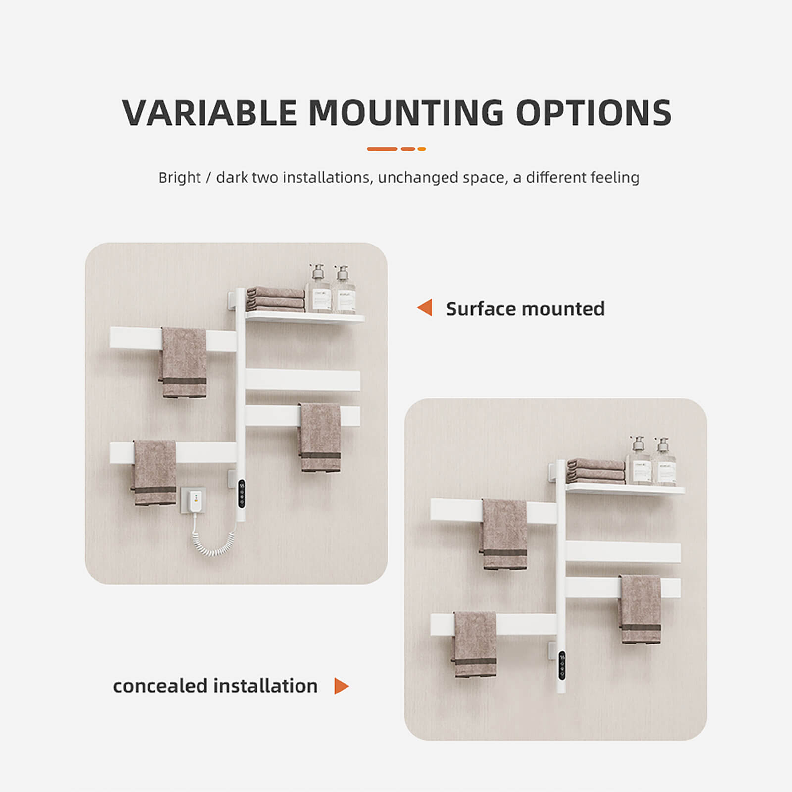 Installation instructions for the white smart towel warmer with timer function