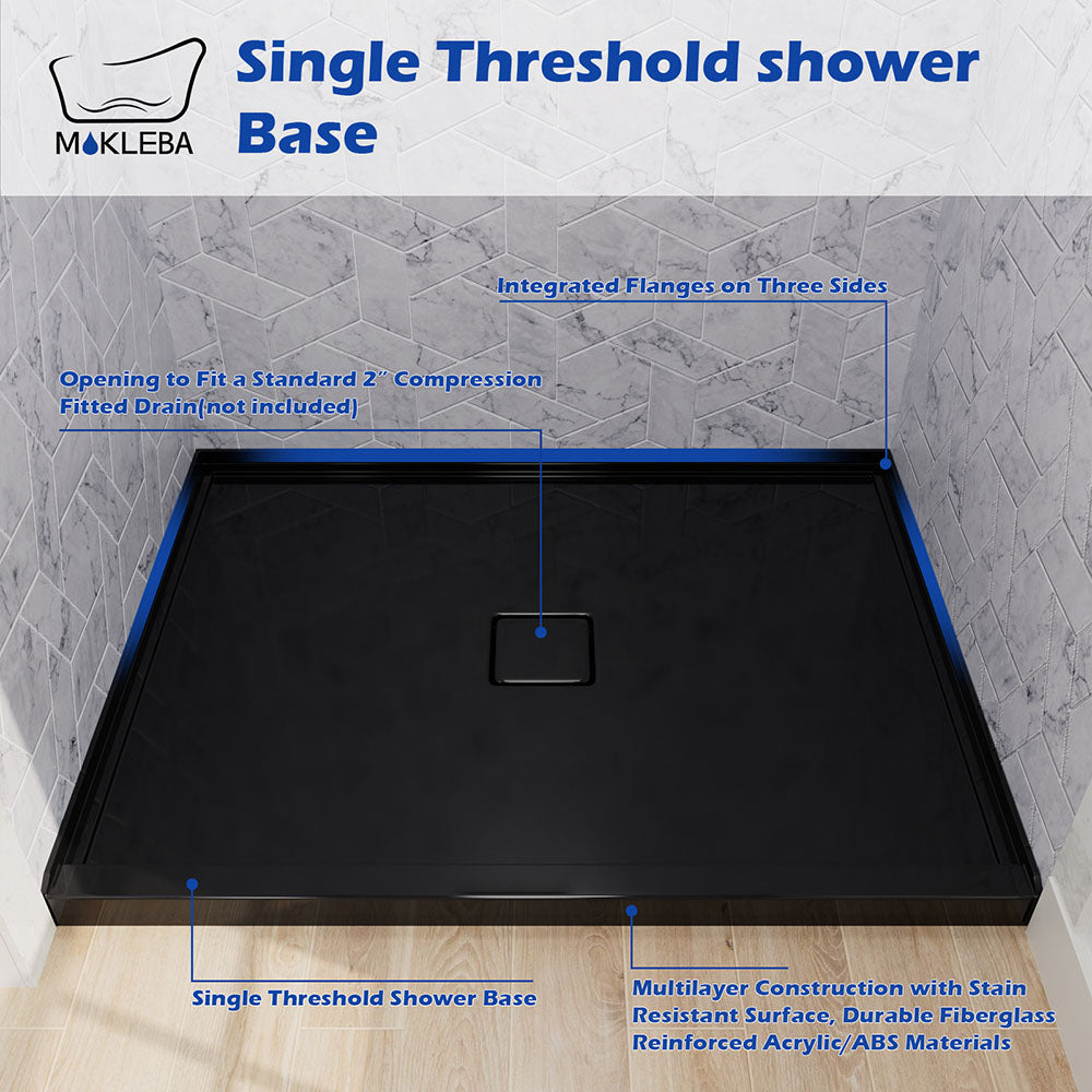 Integrated 3-sided tile flange on 48" x 36" solid black acrylic shower pan