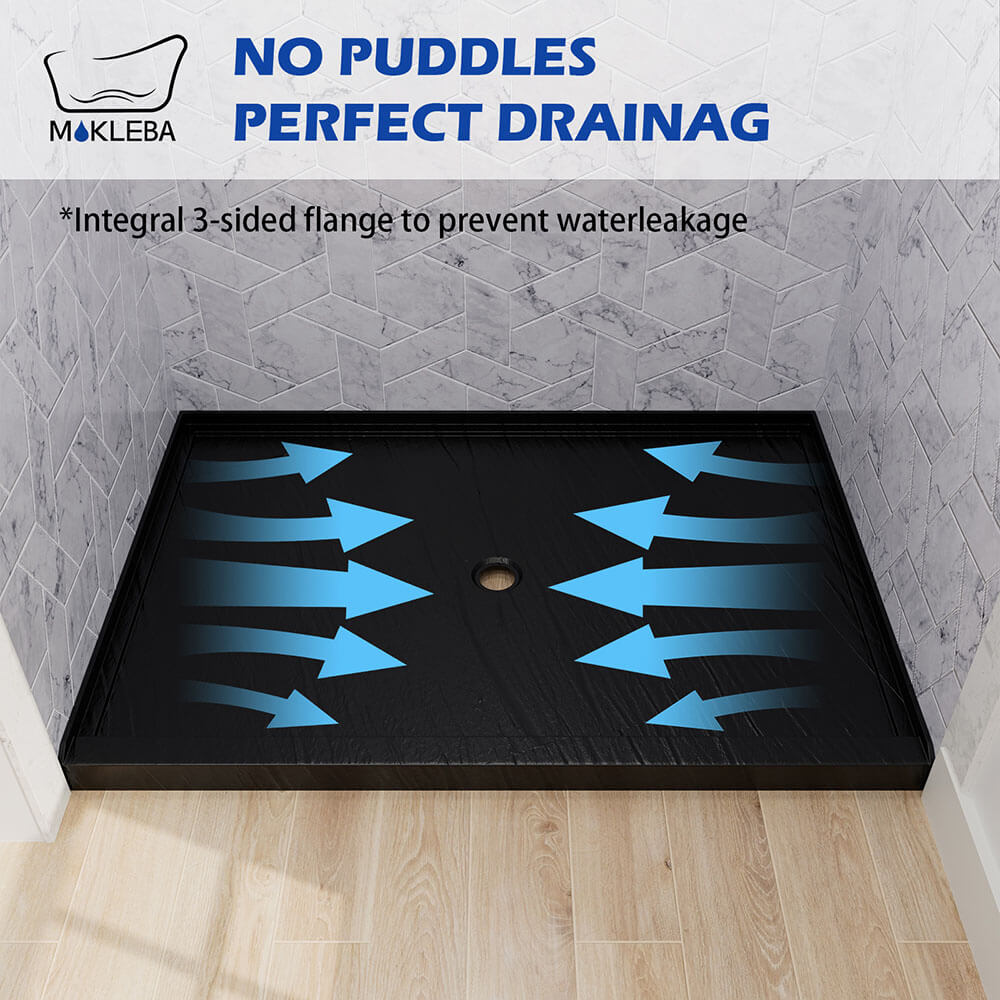 Integrated 3-sided tile flange on black shower base for watertight seal