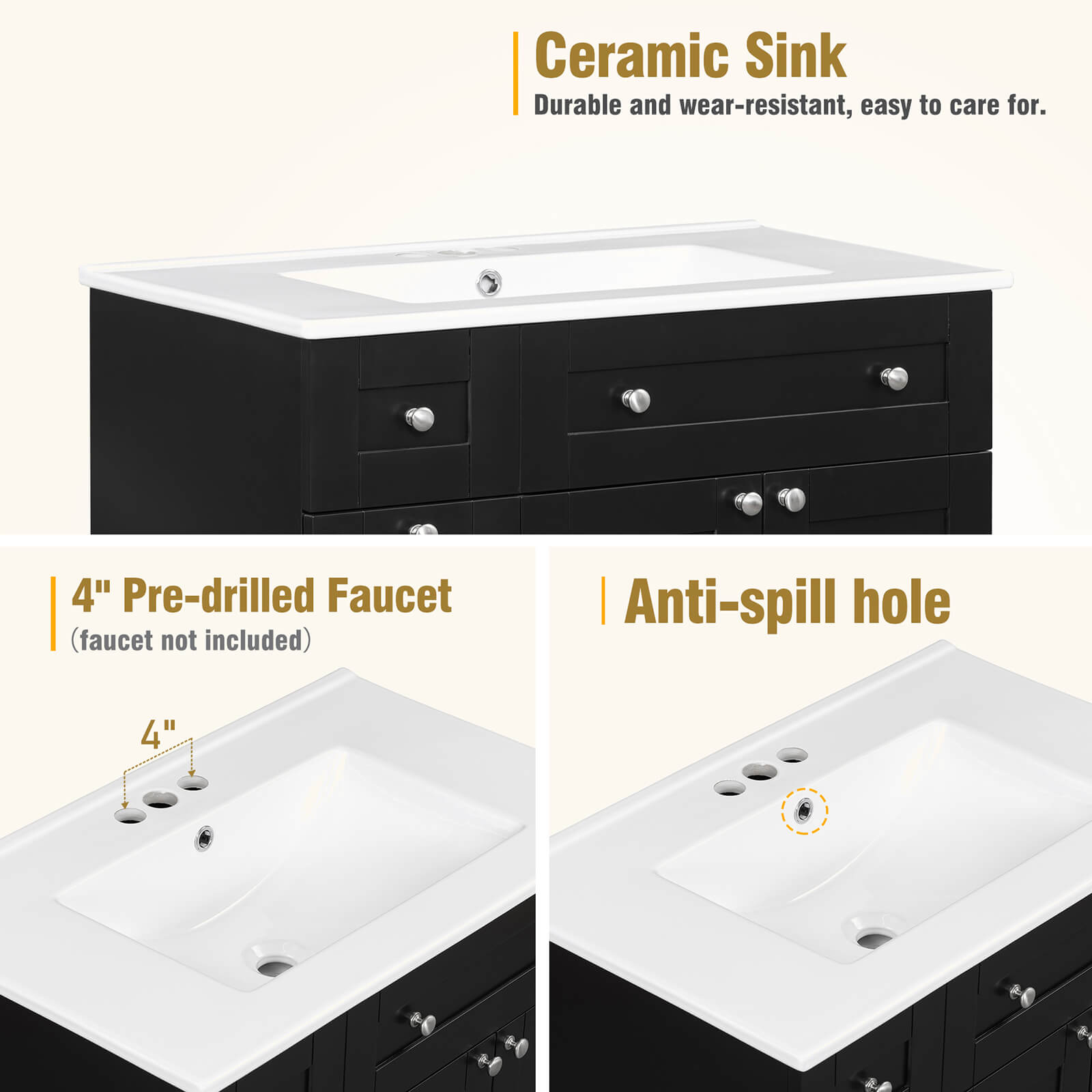 Introduction of 30 inch black bathroom vanity ceramic sink with soft close door design