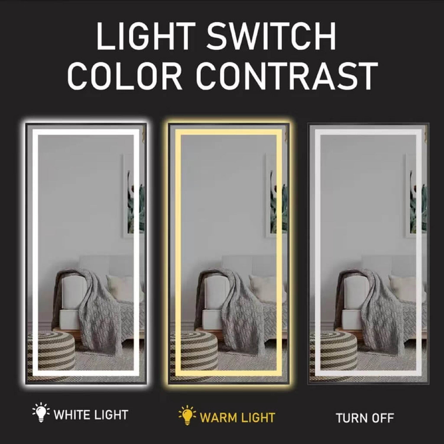 LED floor mirror with white and warm light color options
