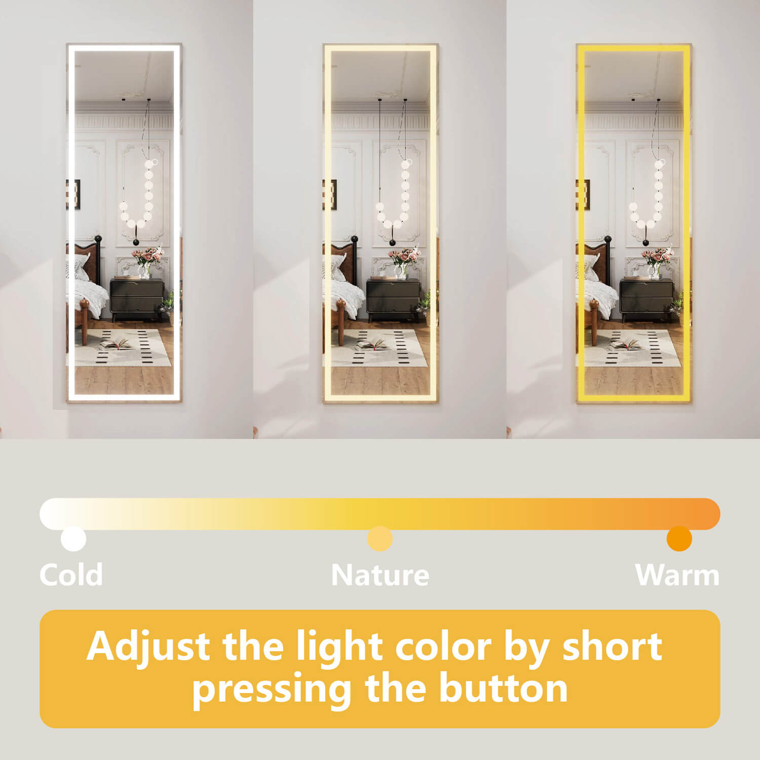 LED full body mirror with 3 color temperature options cold nature warm