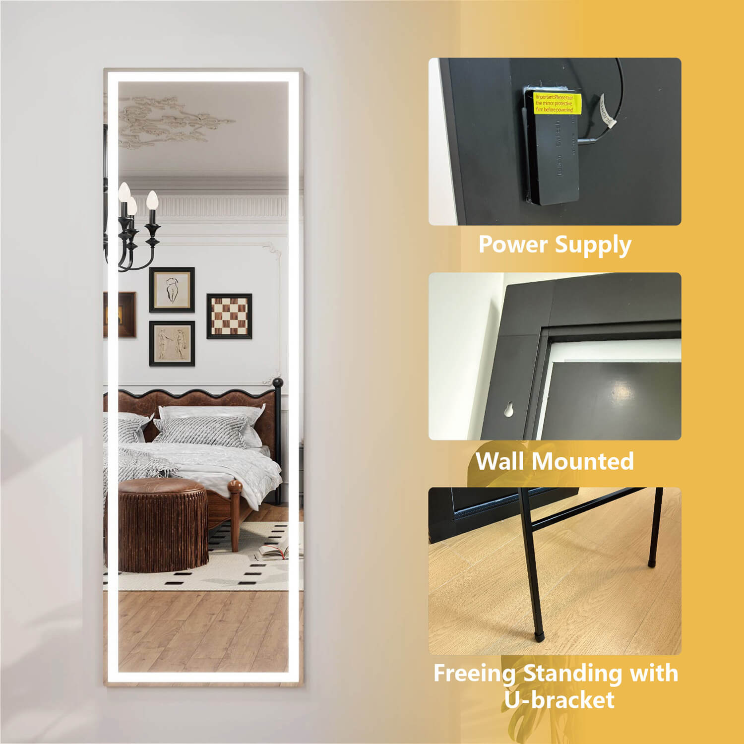 LED full body mirror with plug hardwired power and multiple installation methods