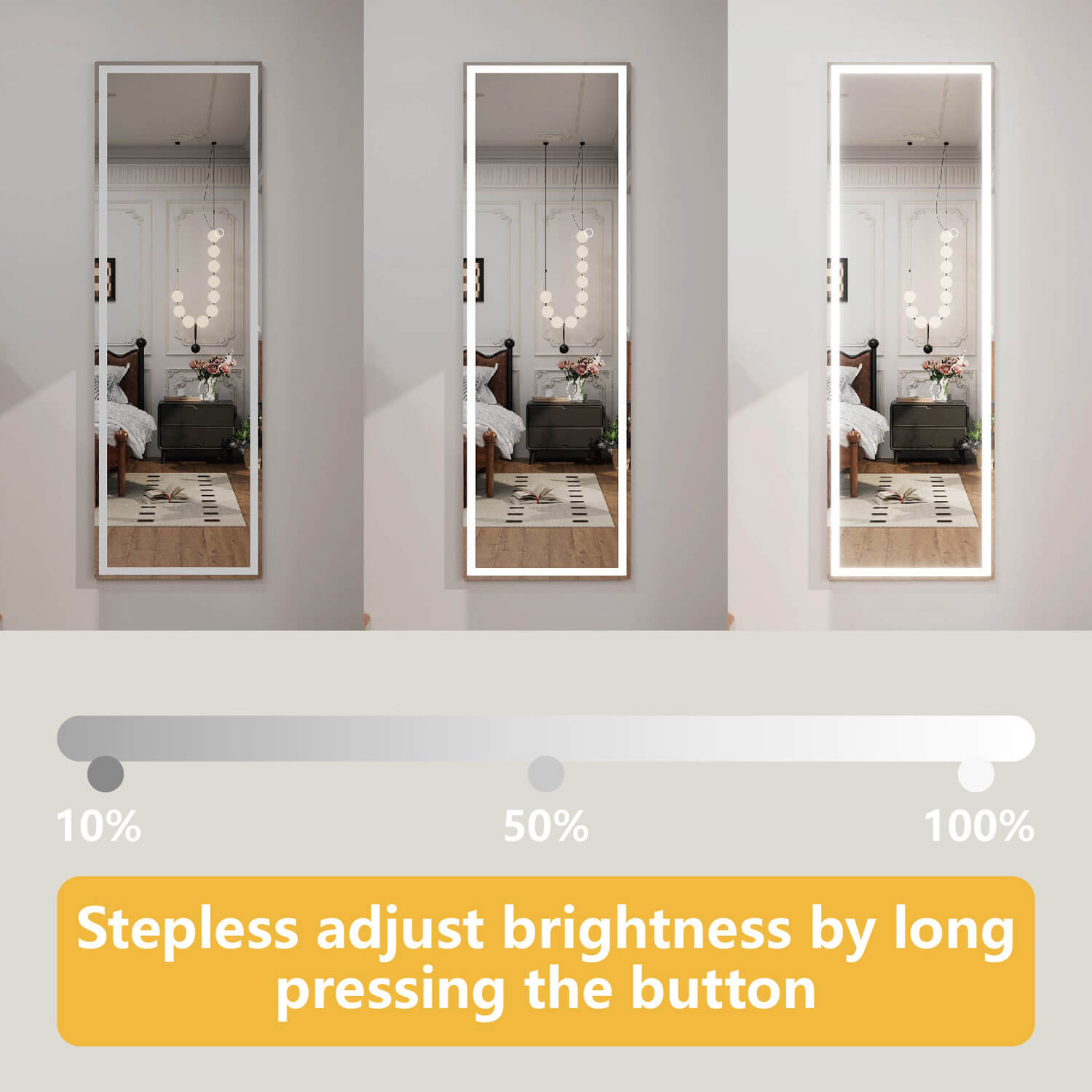 LED full length mirror with stepless brightness adjustment from 10% to 100%