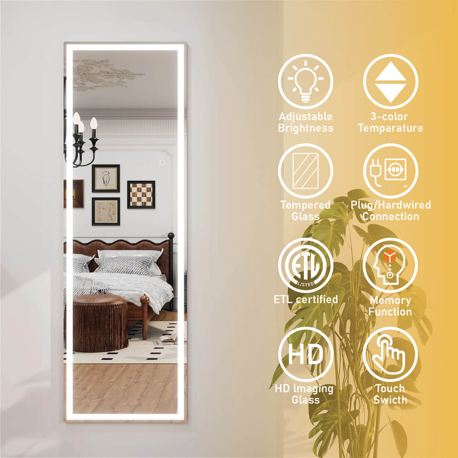 LED full length mirror with touch control and adjustable brightness