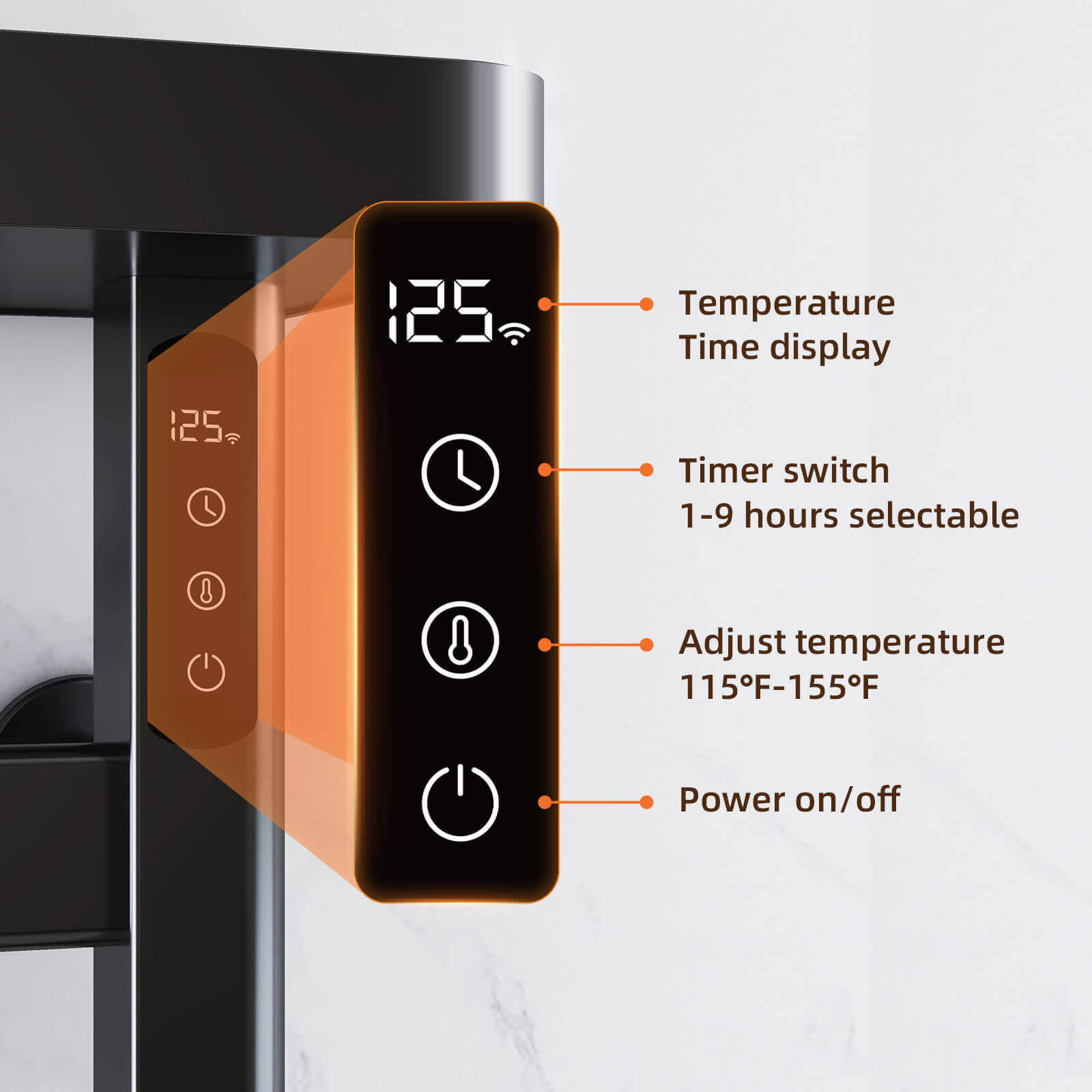 LED touch display of the G50 Heated Towel Rack