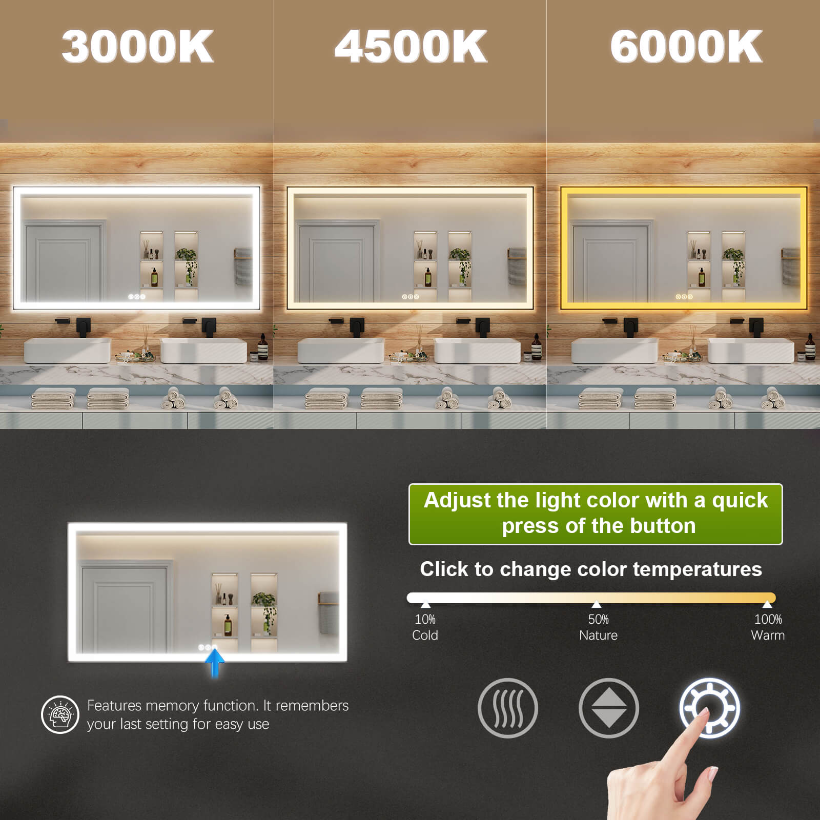 GIVING TREE 40"/48"/55" LED Bathroom Mirror with Black Frame, Anti-Fog, Shatter-Proof, Memory, 3 Colors