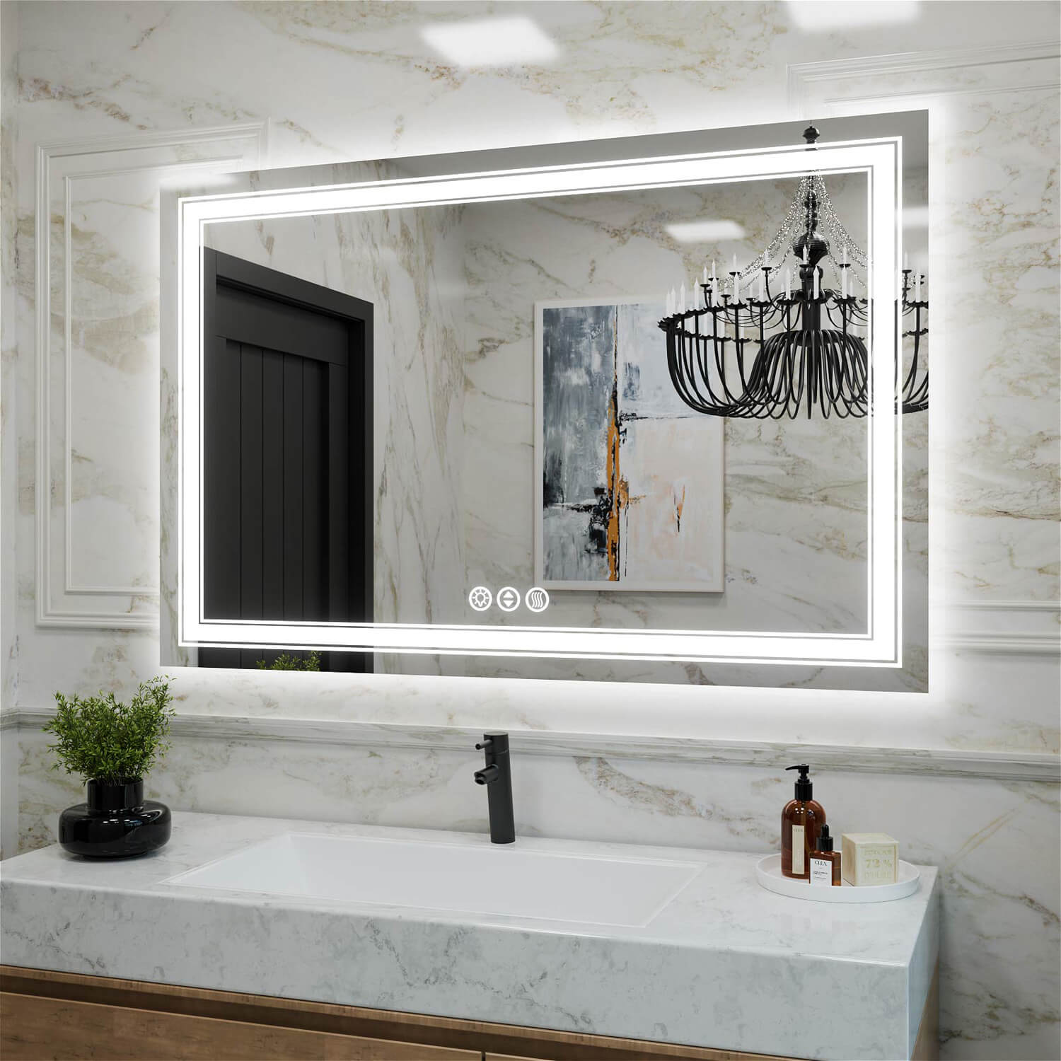 Large frameless LED bathroom mirror with dual LED strips and anti-fog defogging