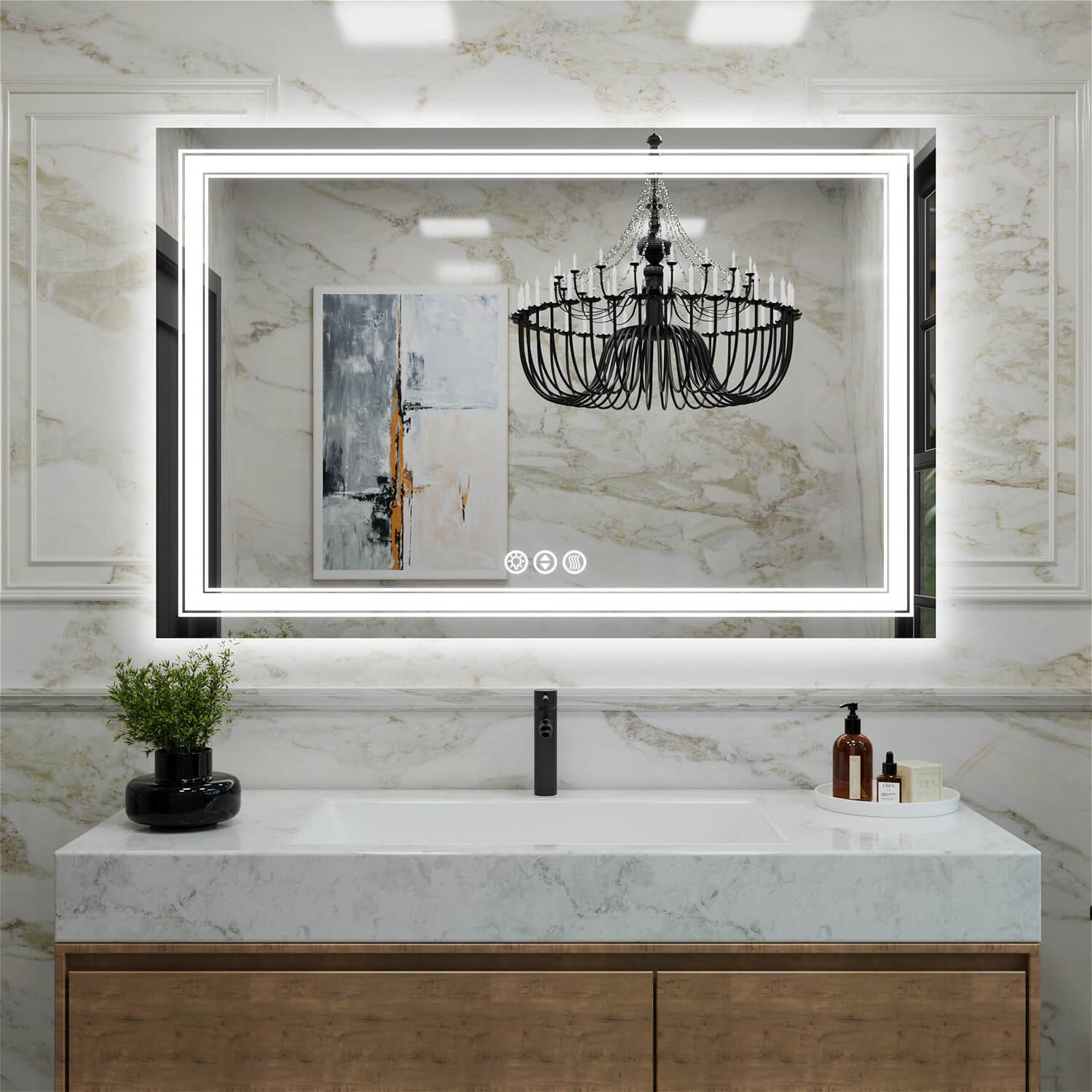 Large frameless LED bathroom mirror with dual LED strips and center touch controls