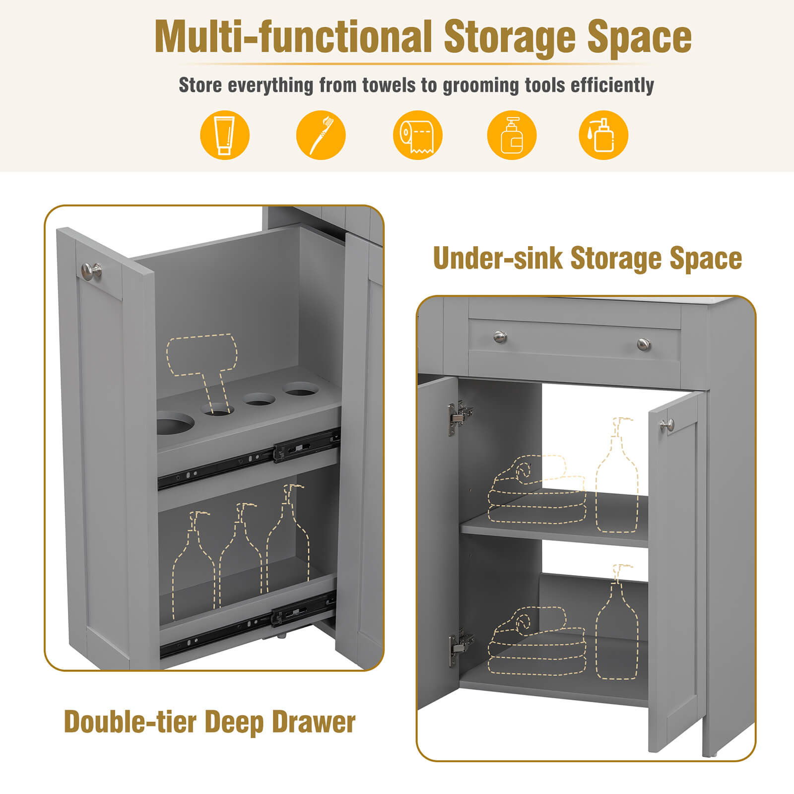Large storage space diagram of 30 inch gray bathroom vanity with soft closing door