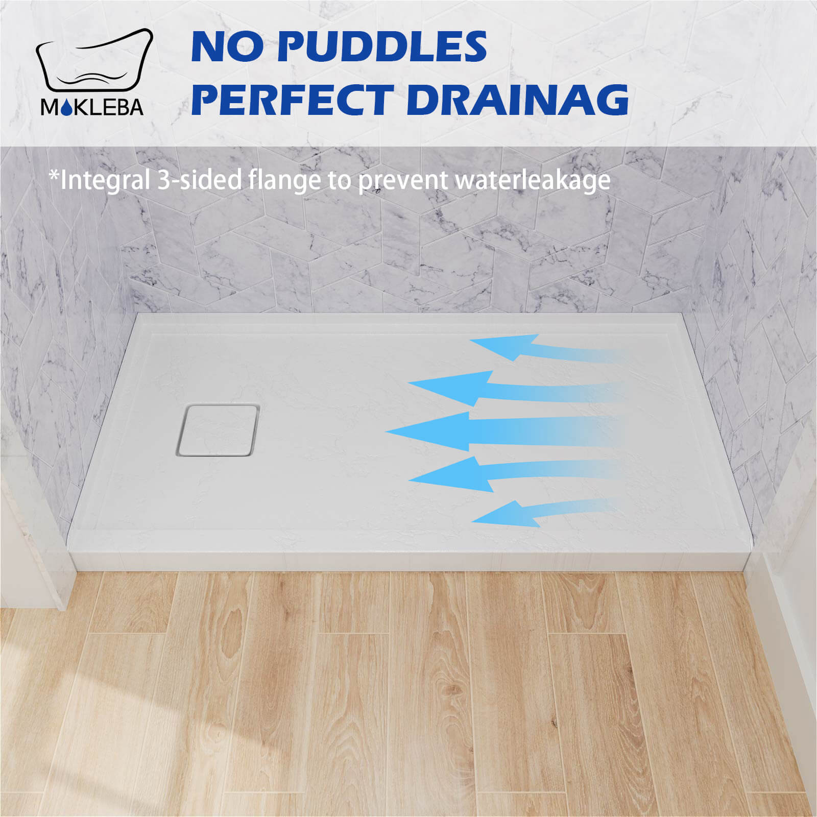 Left drain acrylic shower base with integrated slope design