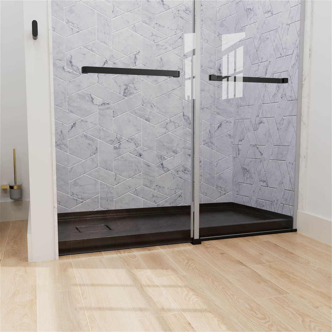 Left drain black shower pan with smooth modern finish