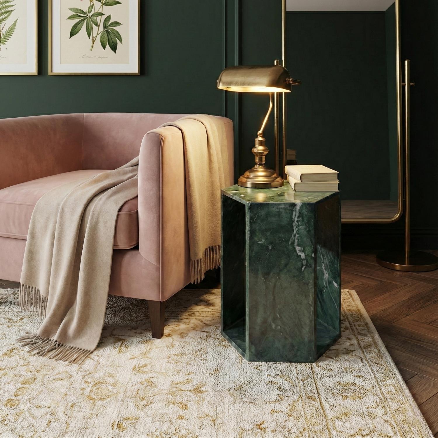 Elegant Emerald Green Marble Side Table with Dramatic White and Sea-green Veining for modern Bathroom or Balcony