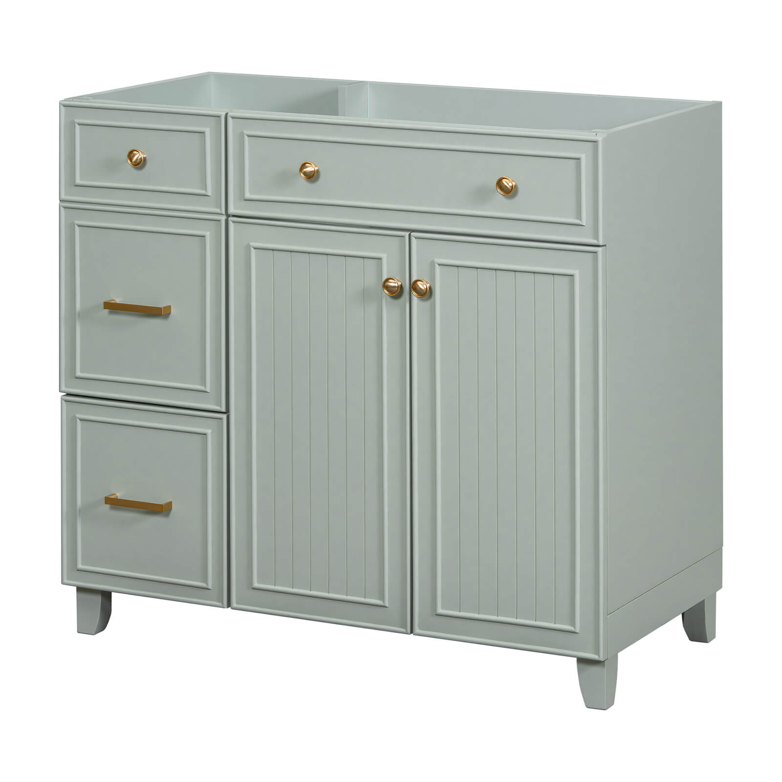 Light gray-green vanity with practical and stylish storage solutions