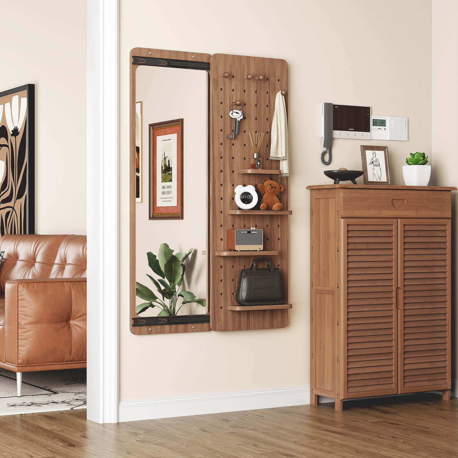 Living room corner sliding walnut mirror with pegboard storage