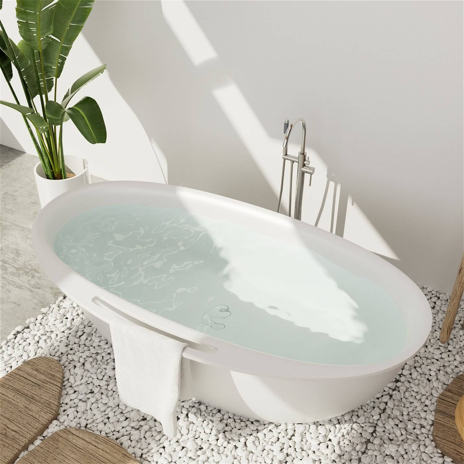 Luxurious 67 in solid surface soaking tub designed for one occupant with 13.97 in soaking depth