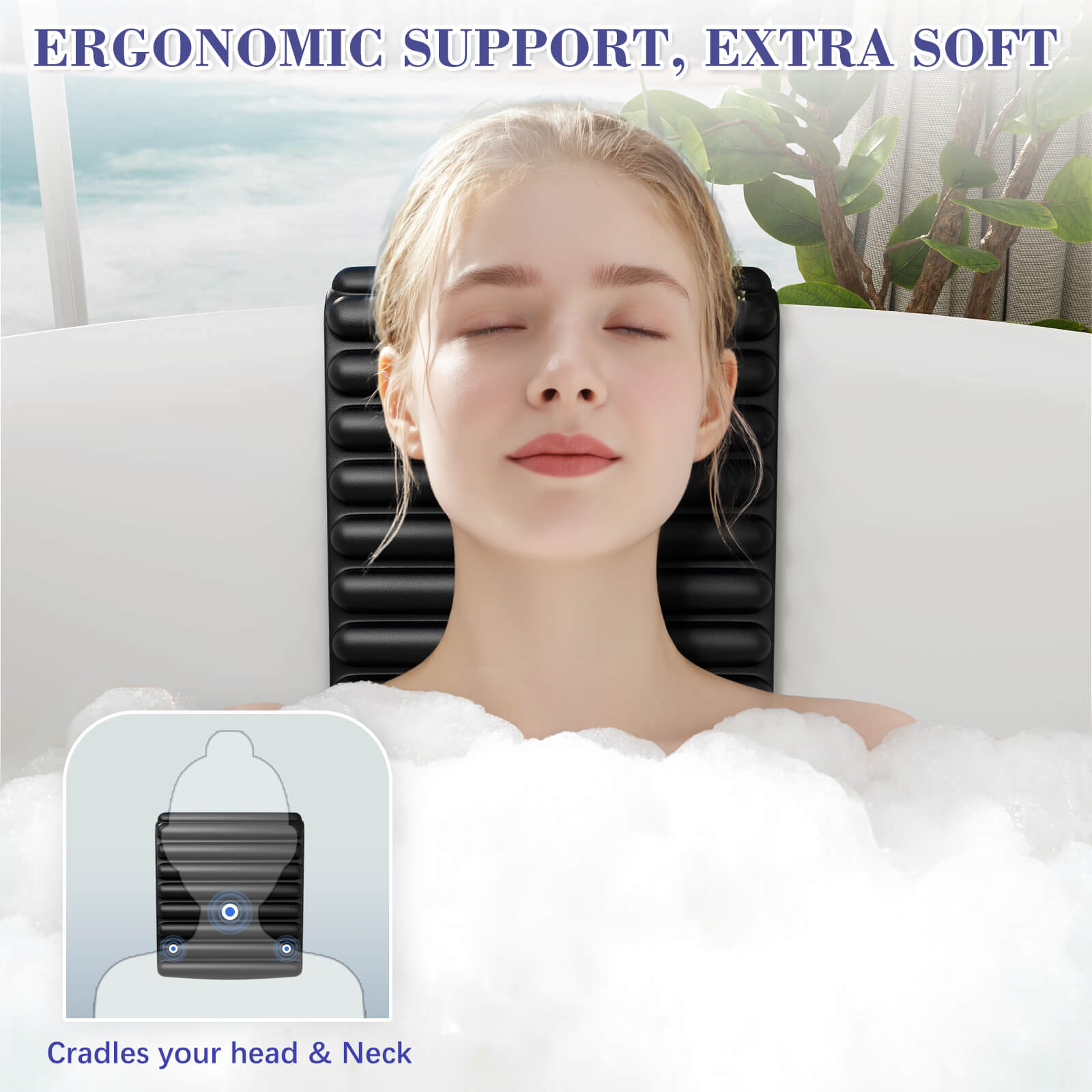 Luxurious small pillow for soaking tubs with ergonomic neck support