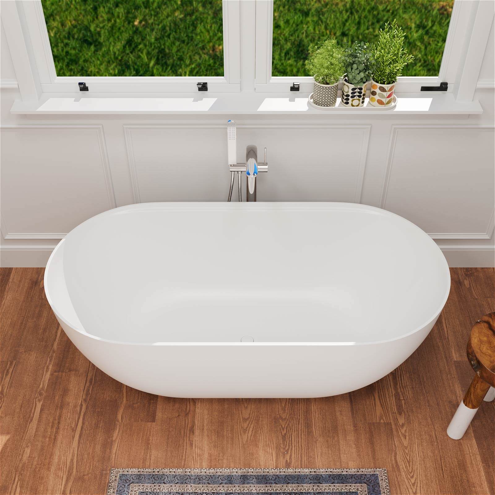 Luxury 59 inch freestanding soaking tub with center drain