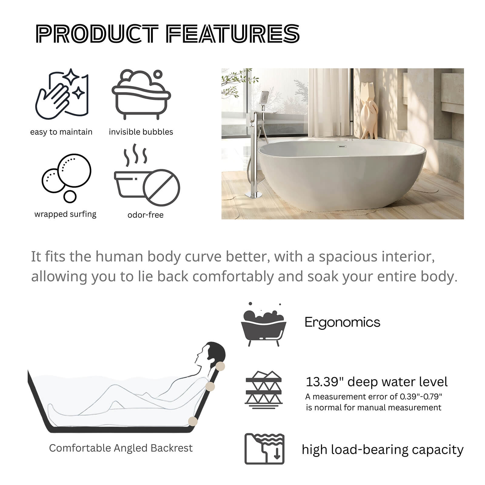 Luxury 67 inch tub with air infused microbubble therapy