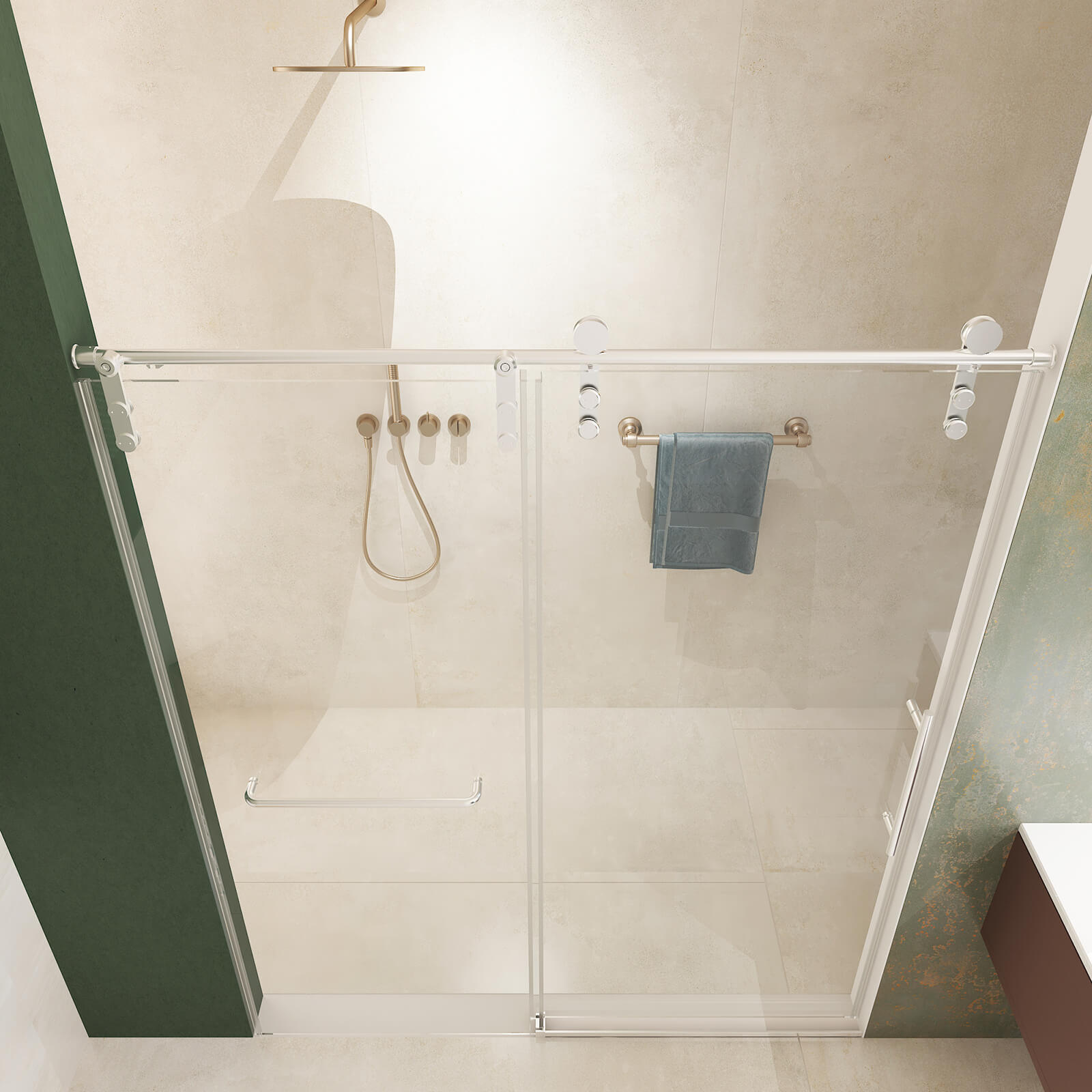 Luxury bathroom with clear glass and brushed nickel shower door