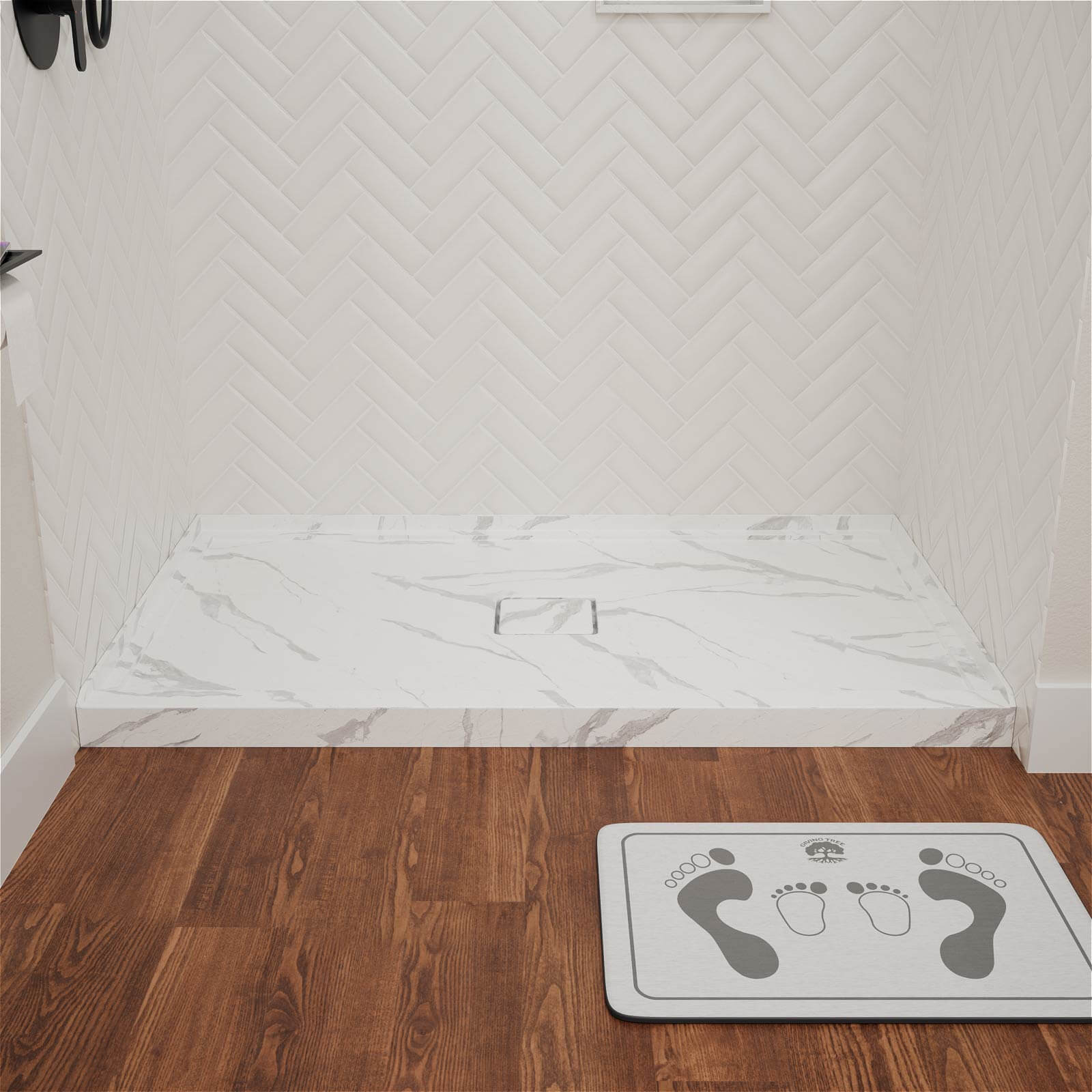 Luxury marble look acrylic shower base with single threshold