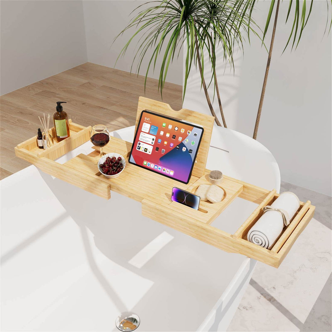 Luxury Bamboo Expandable Wood Bathtub Caddy Tray with Smartphone Tablet Book Holders, Soap Tray, Wine Glass Slot