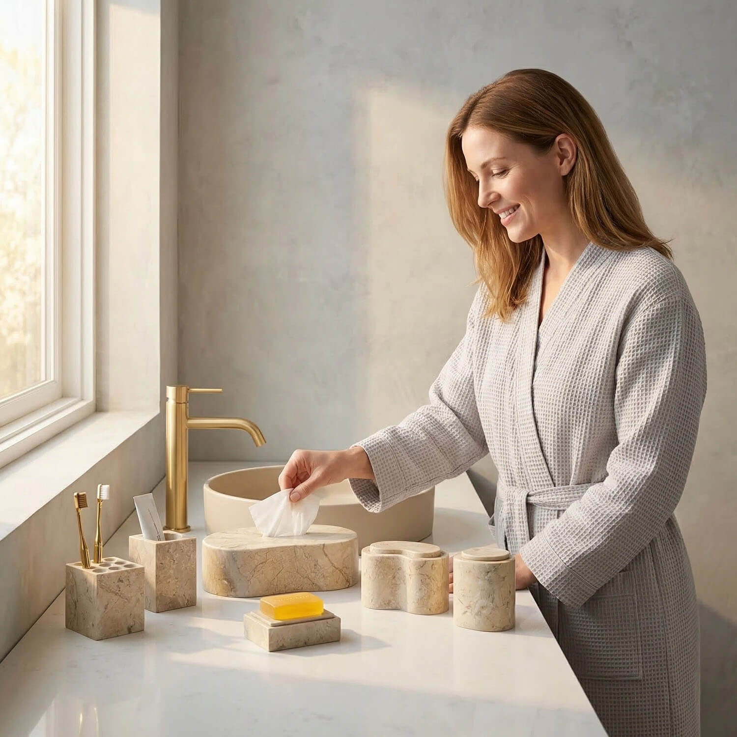 Luxury beige marble bathroom accessories set with storage containers