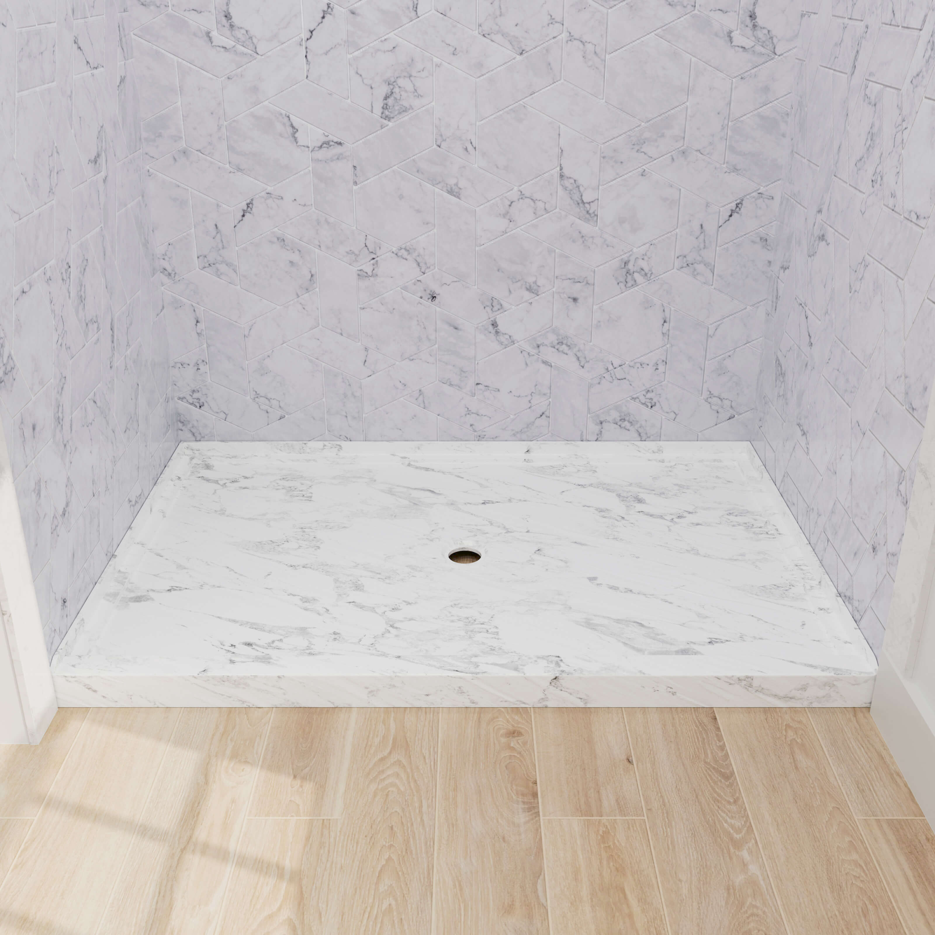 Luxury marble-look shower pan with stylish design and non-slip safety surface