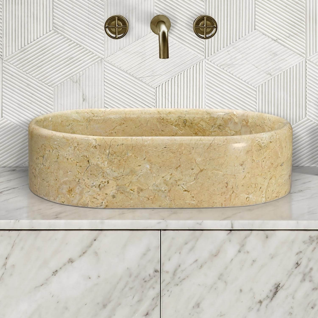 Beige Natural Marble Oval Bathroom Vessel Sink for Vanity Countertop