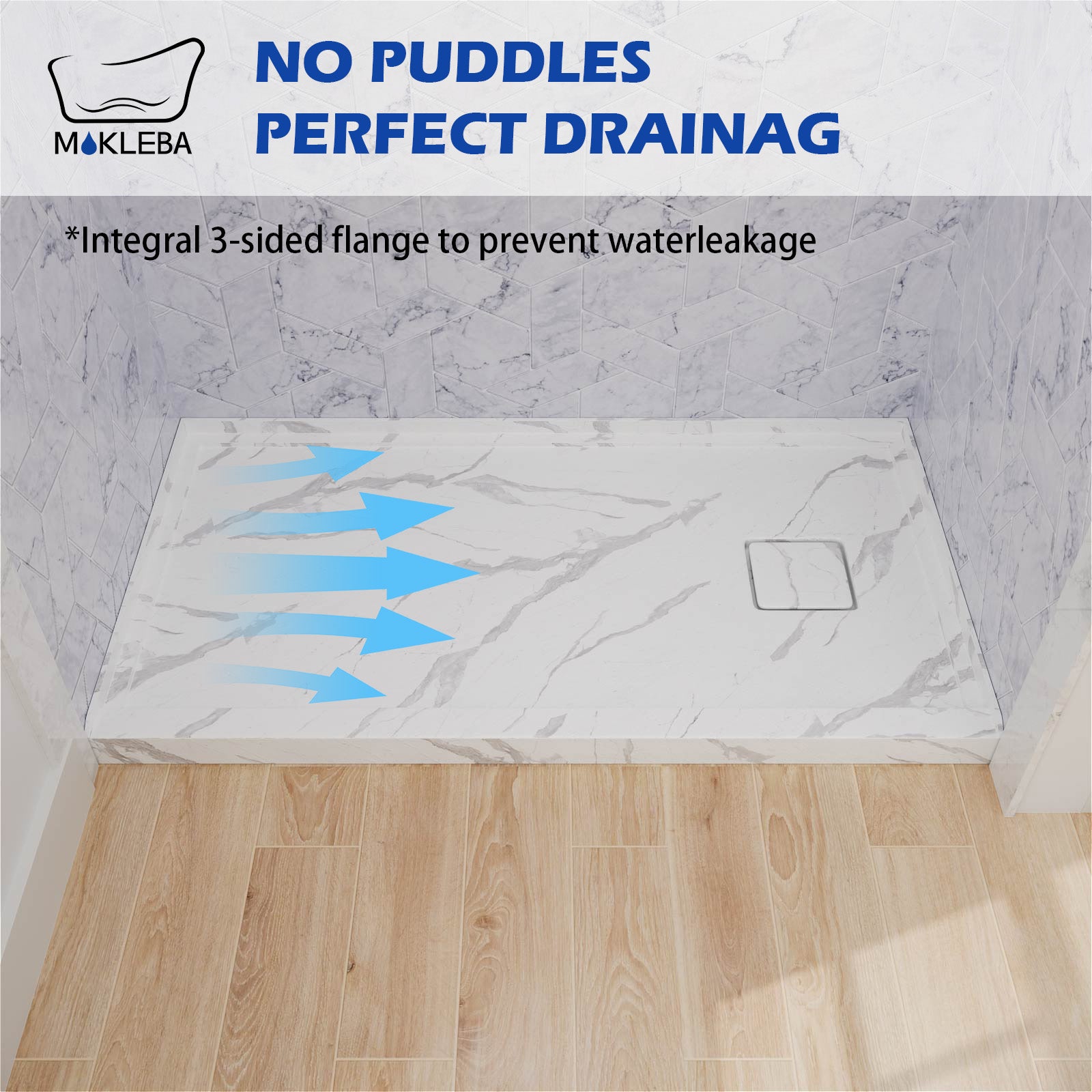 Marble effect shower base engineered for smooth water flow