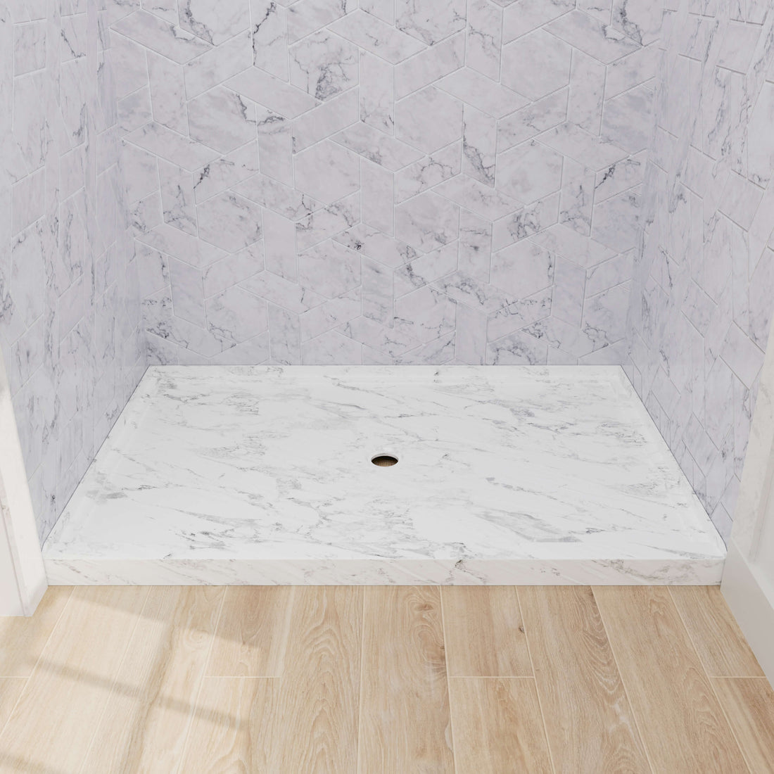 Marble pattern shower pan with textured surface for improved shower safety