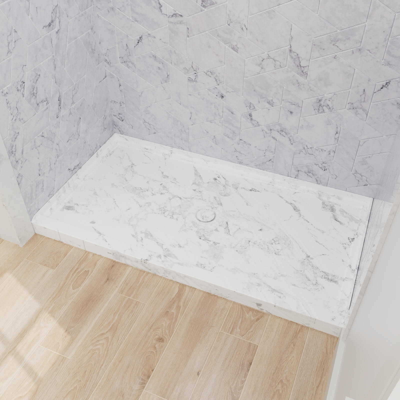 Marble pattern shower pan with textured surface for improved traction and shower safety