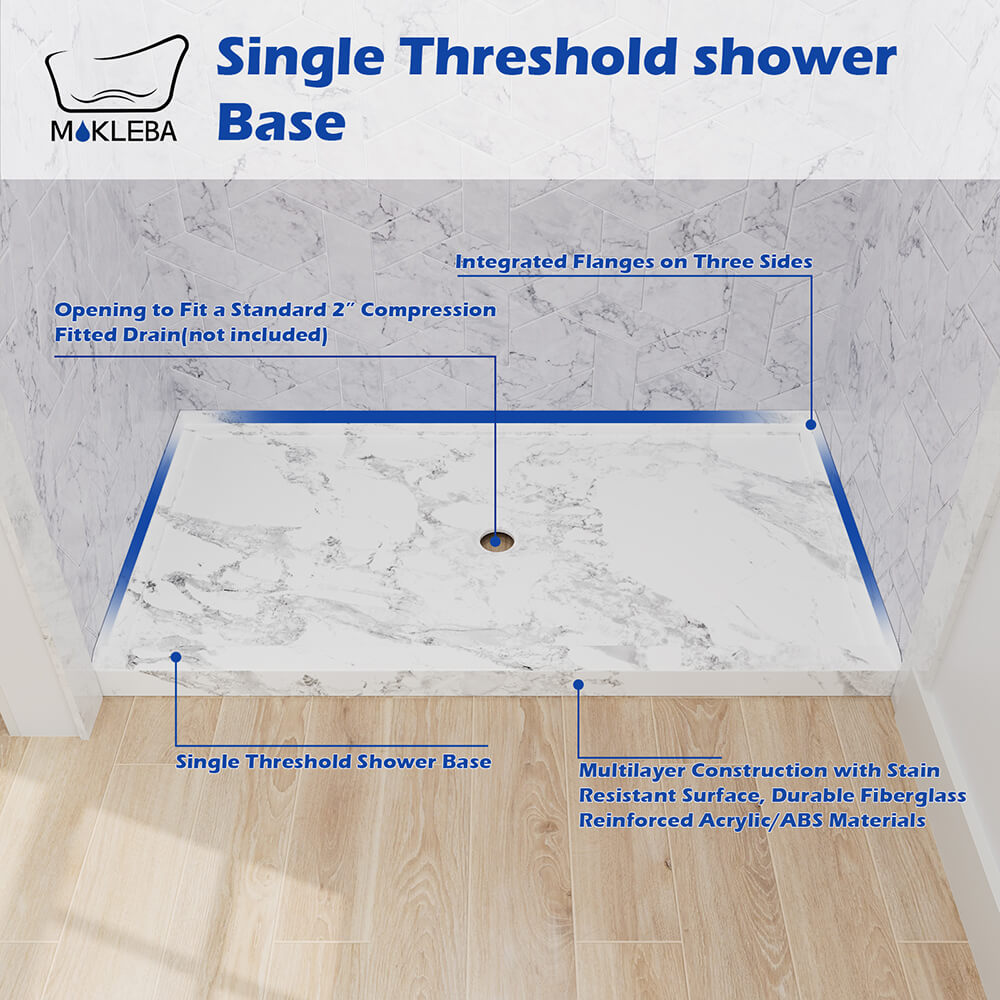Marble style shower pan with reinforced acrylic construction and long-lasting durability