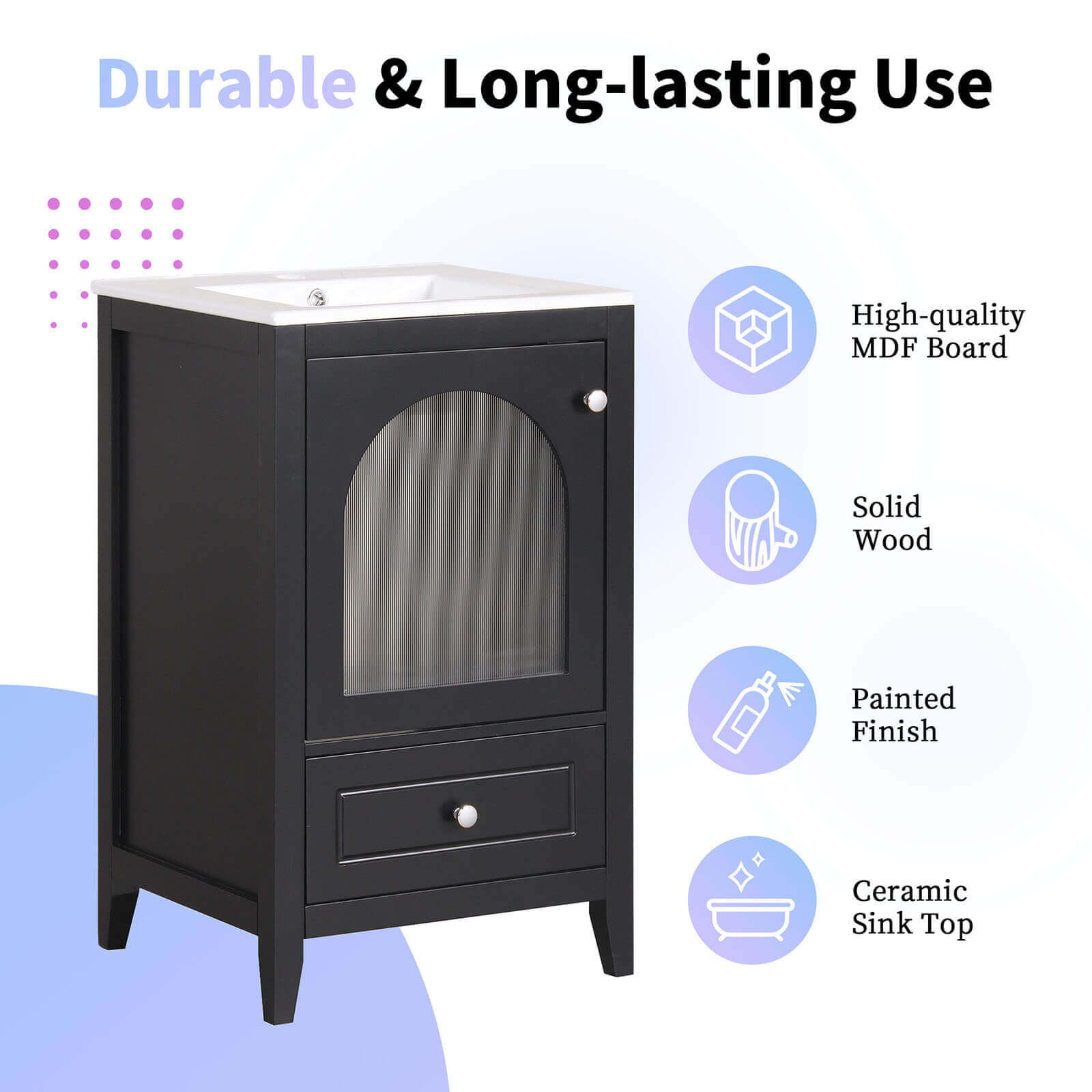 Material Description for 20 Inch Black Bathroom Vanity with Clear Glass Door