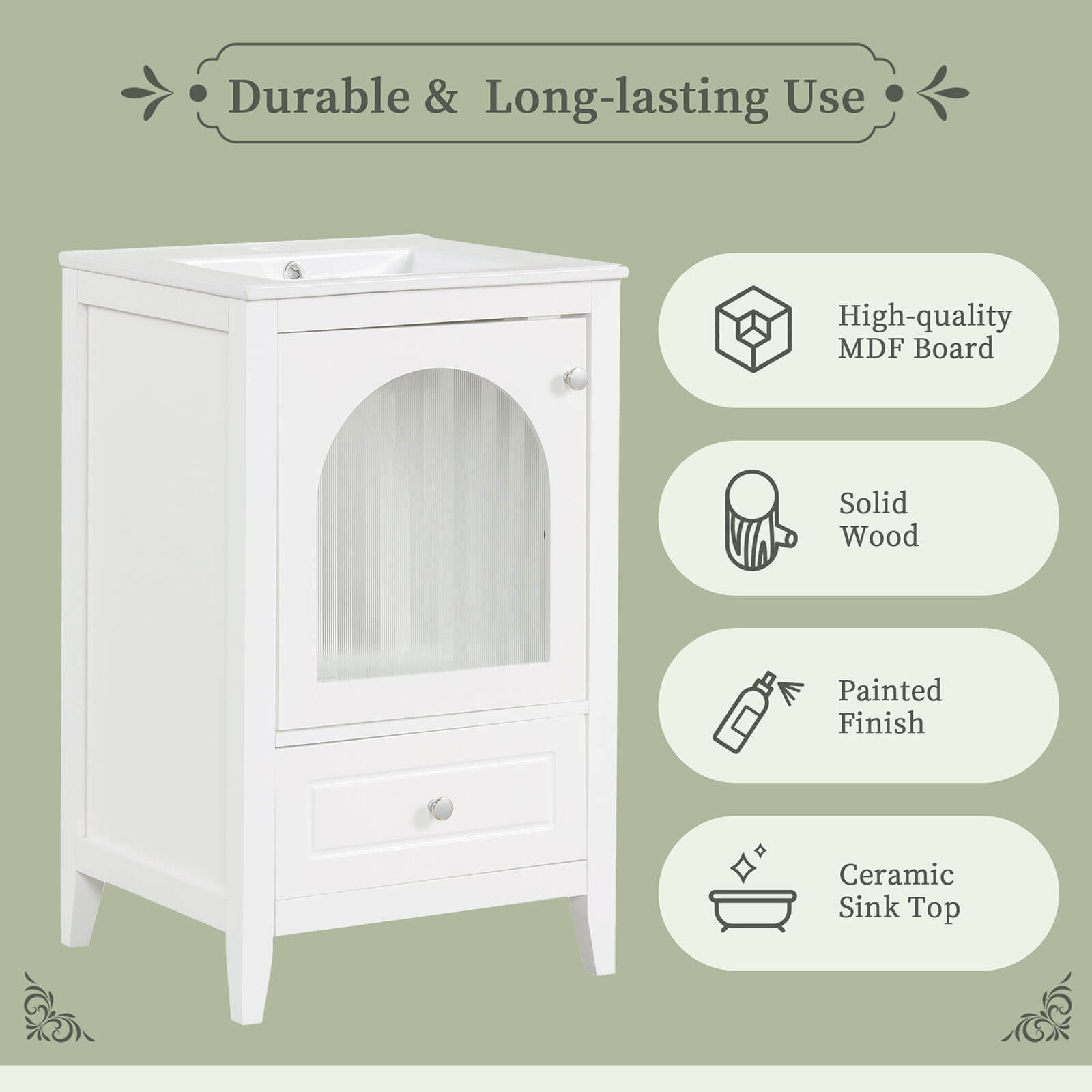 Material Description of 20 Inch White Bathroom Vanity with Clear Glass Door