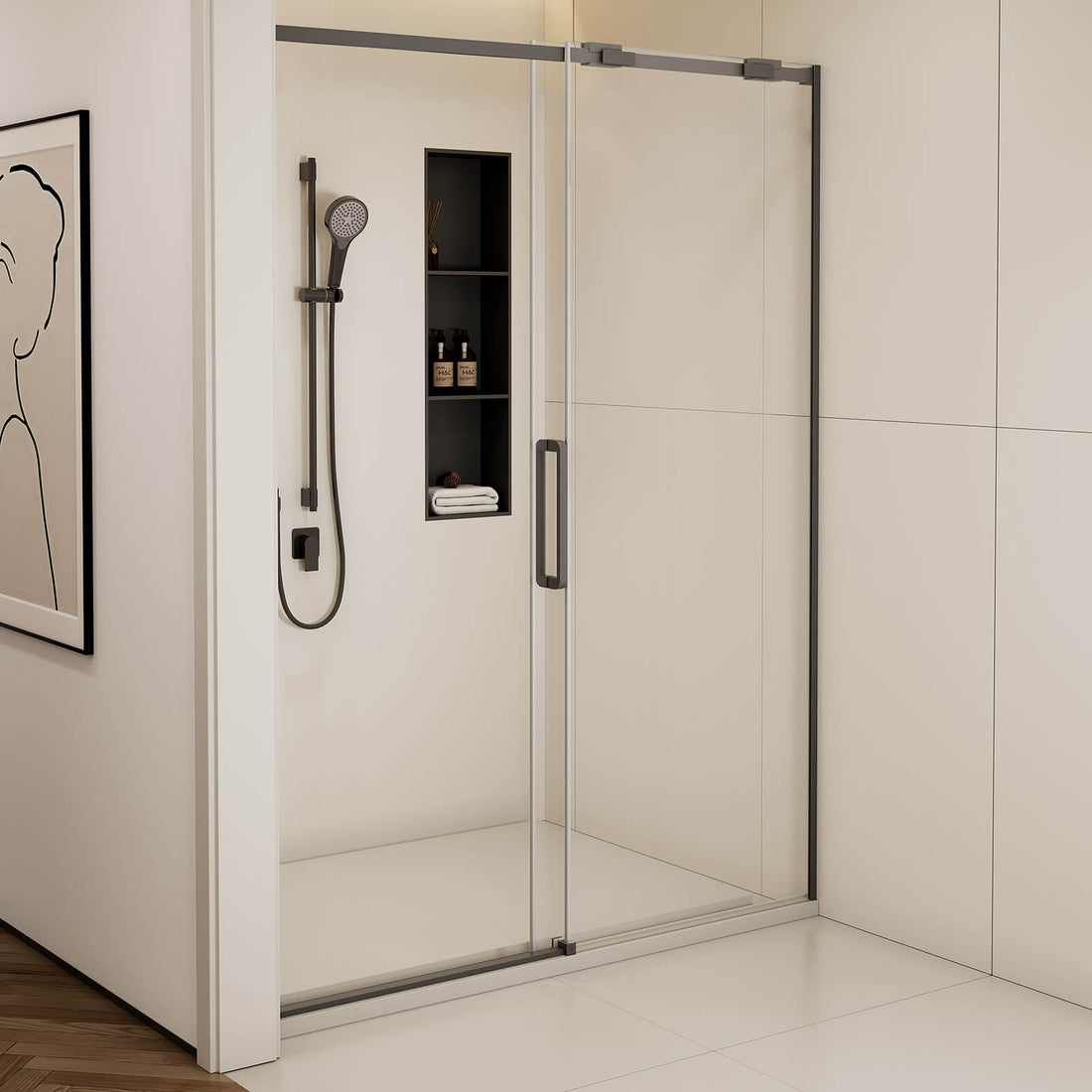 Matte black single sliding shower door with clear tempered glass