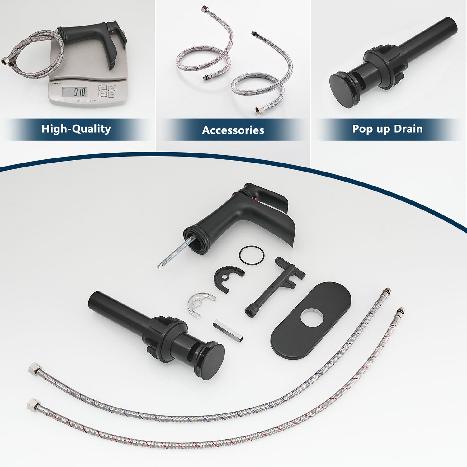 Matte Black Bathroom Faucet with pop up drain and install fittings