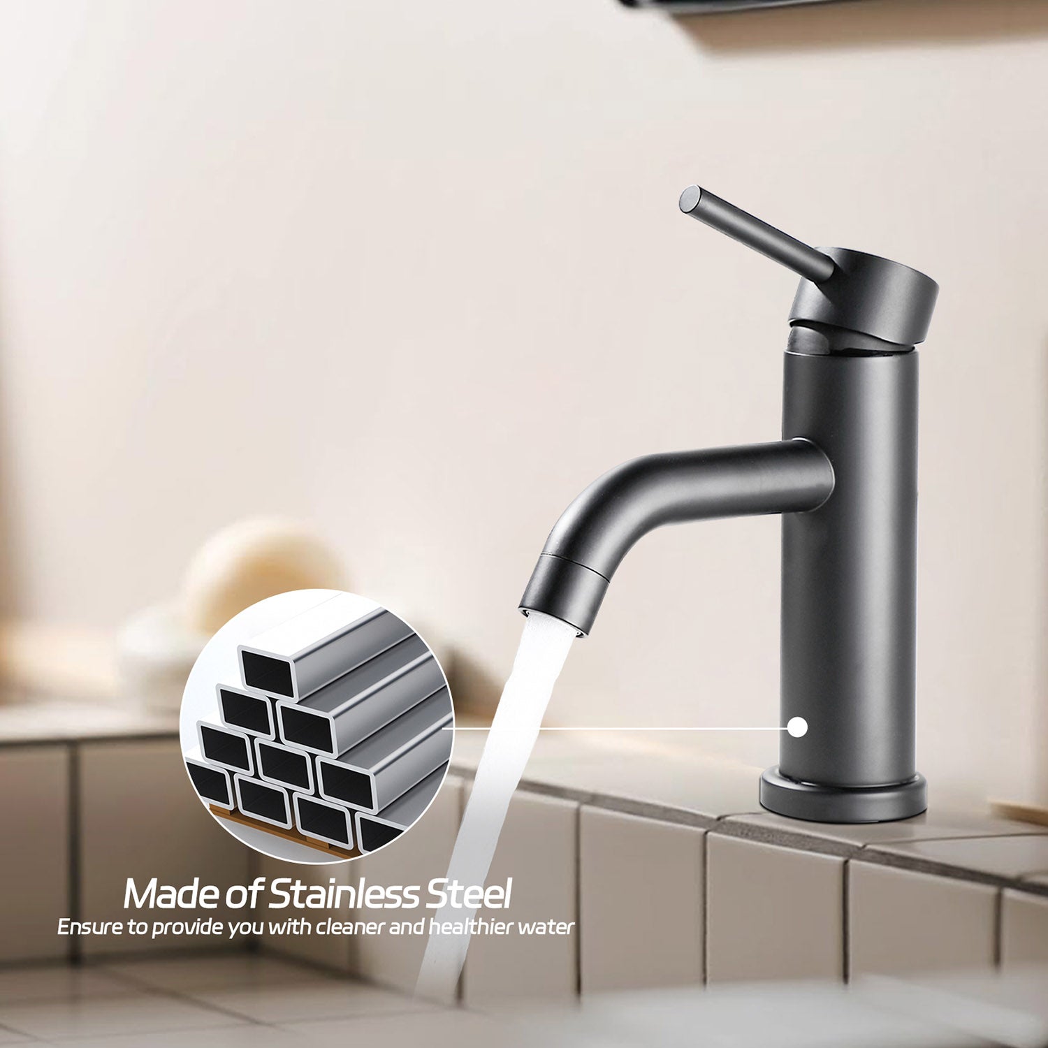Matte Black Single Handle Single Hole Bathroom Faucet is made of stainless steel