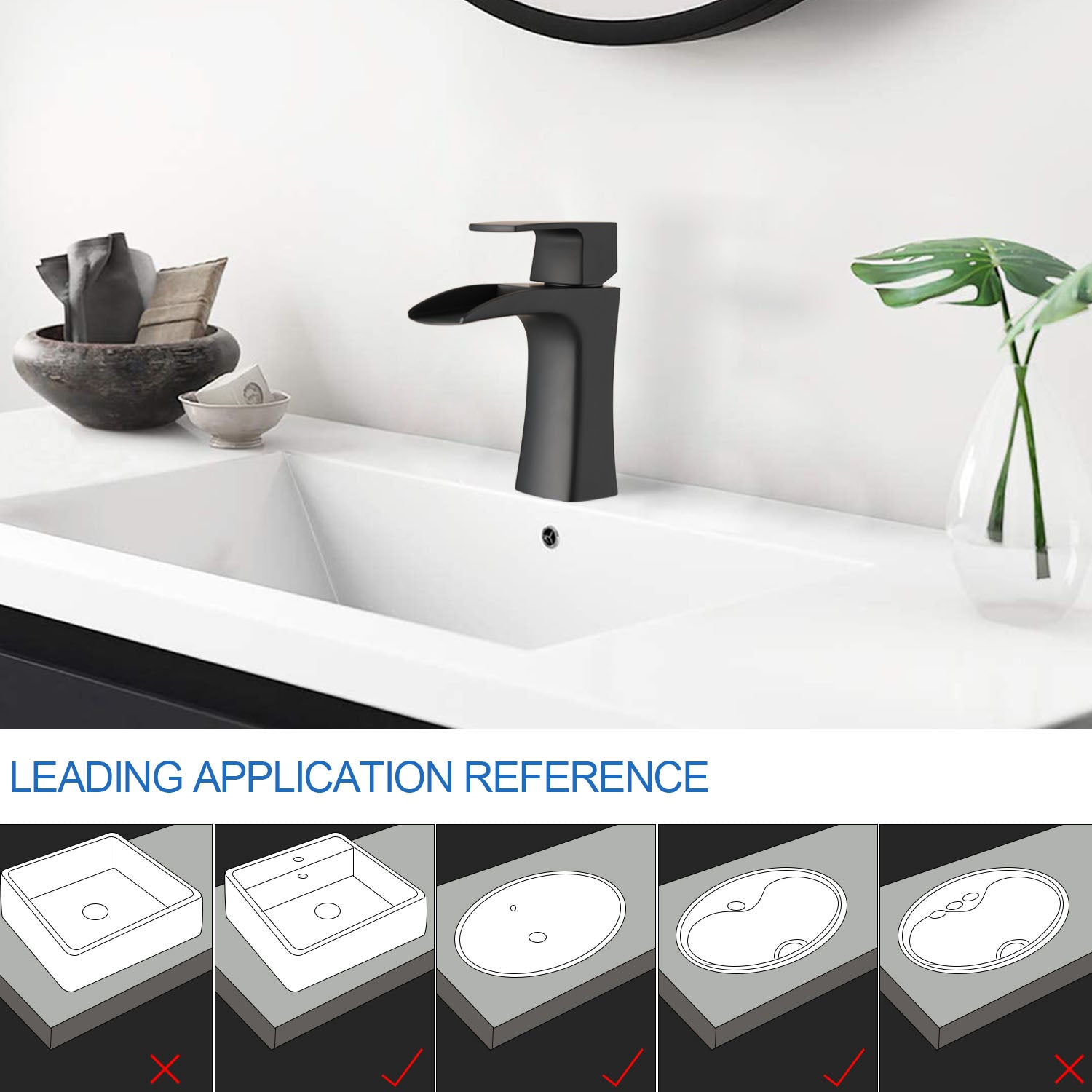 Matte Black Single Handle waterfall spout Bathroom Faucet-Installation application