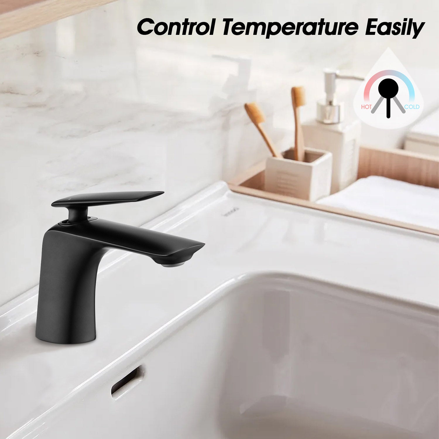 Matte Black Single Hole Bathroom Sink Faucet with Pop-Up Drain-Control Temperature Easily