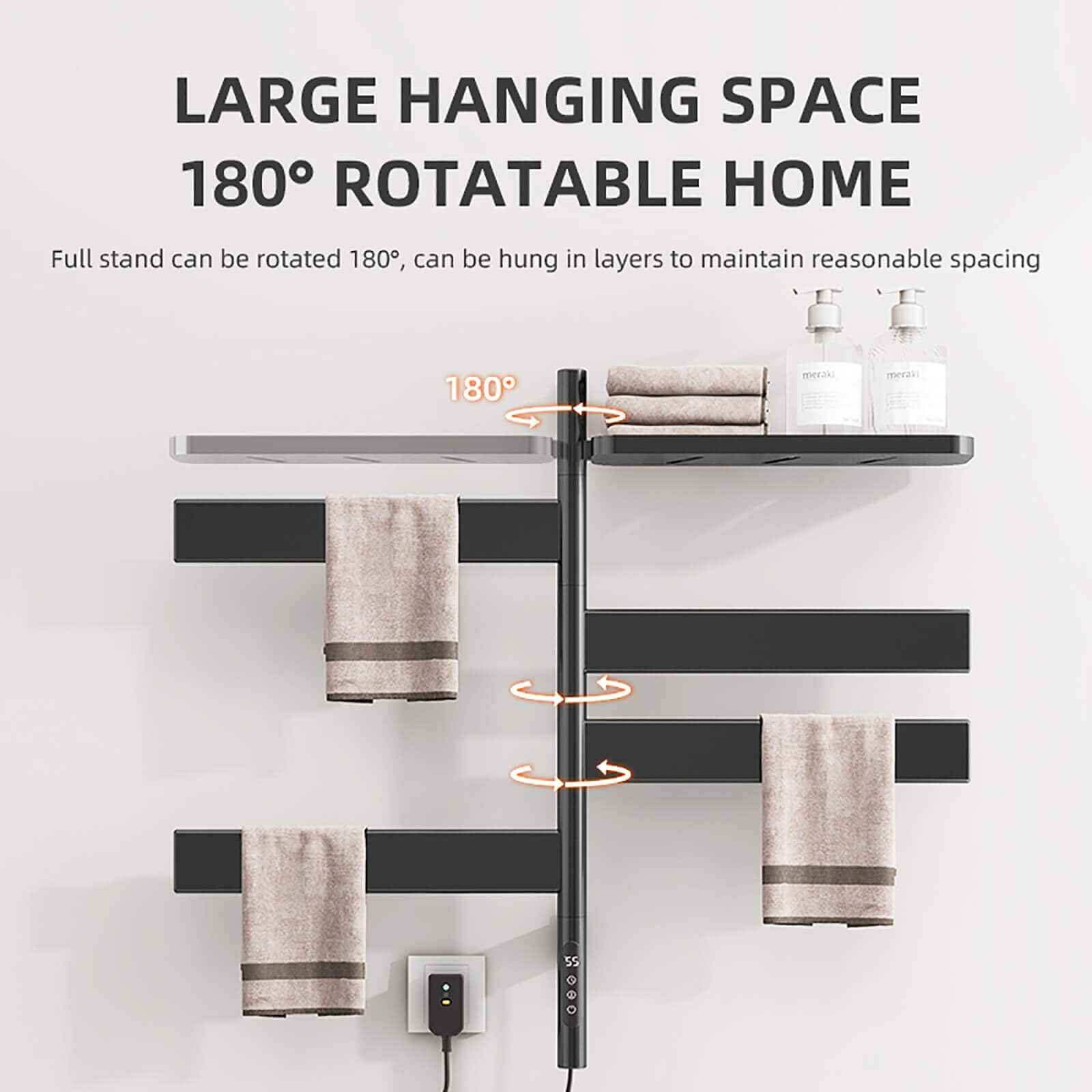 Matte Black Smart Towel Warmer with Timer Function Hangable Space Display
