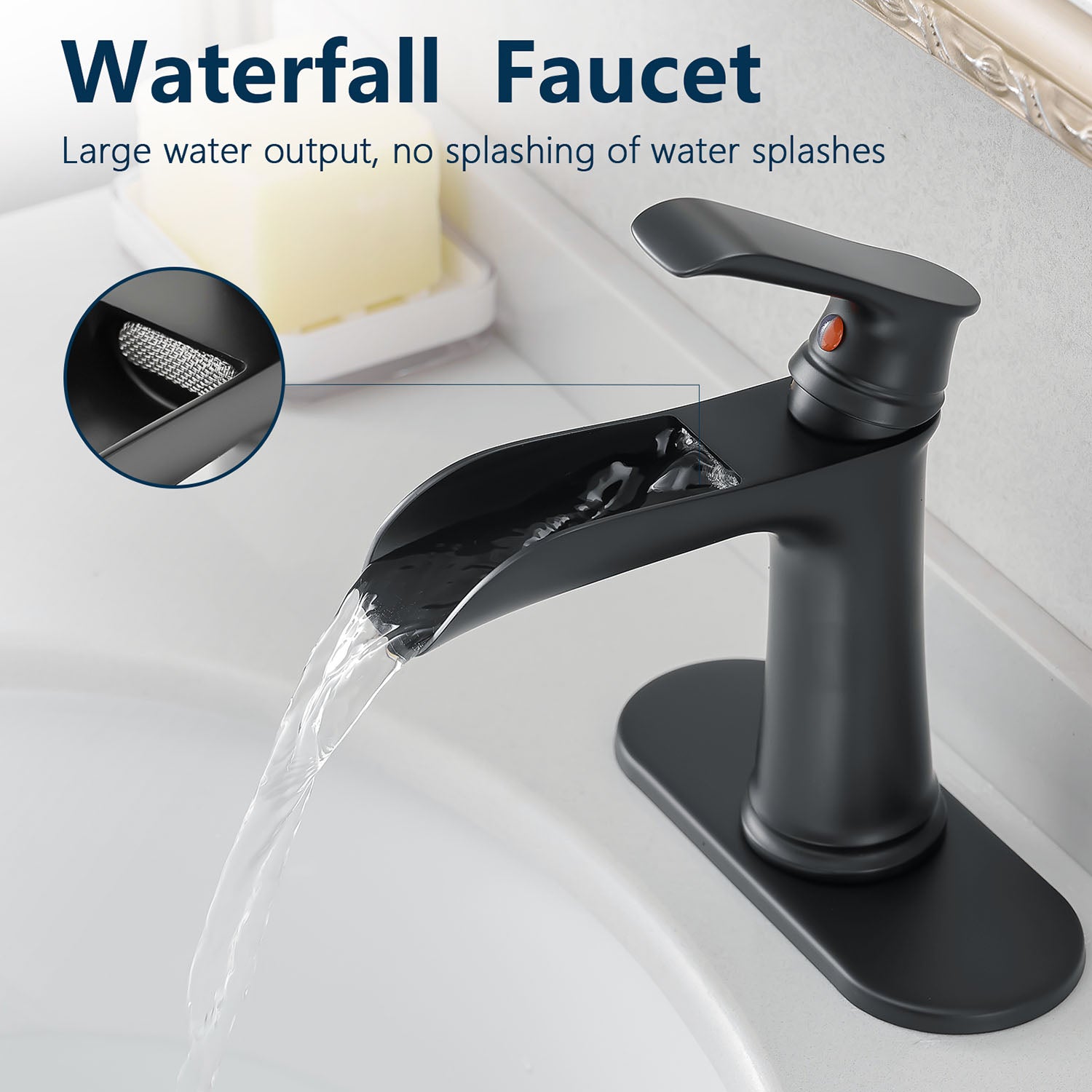 Matte Black Waterfall Bathroom Faucet with no splashing