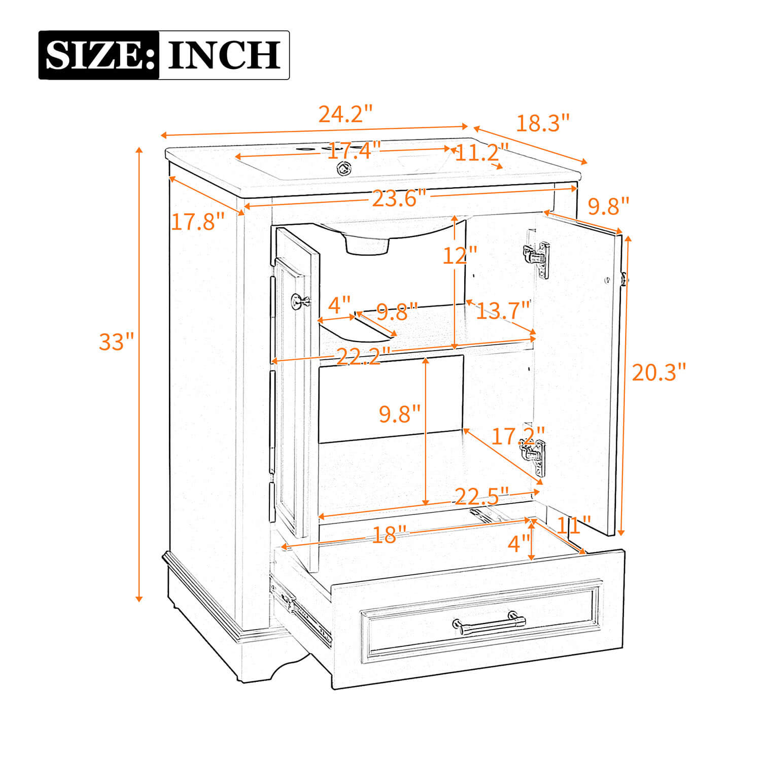 Measurement chart of 24 inch bathroom vanity