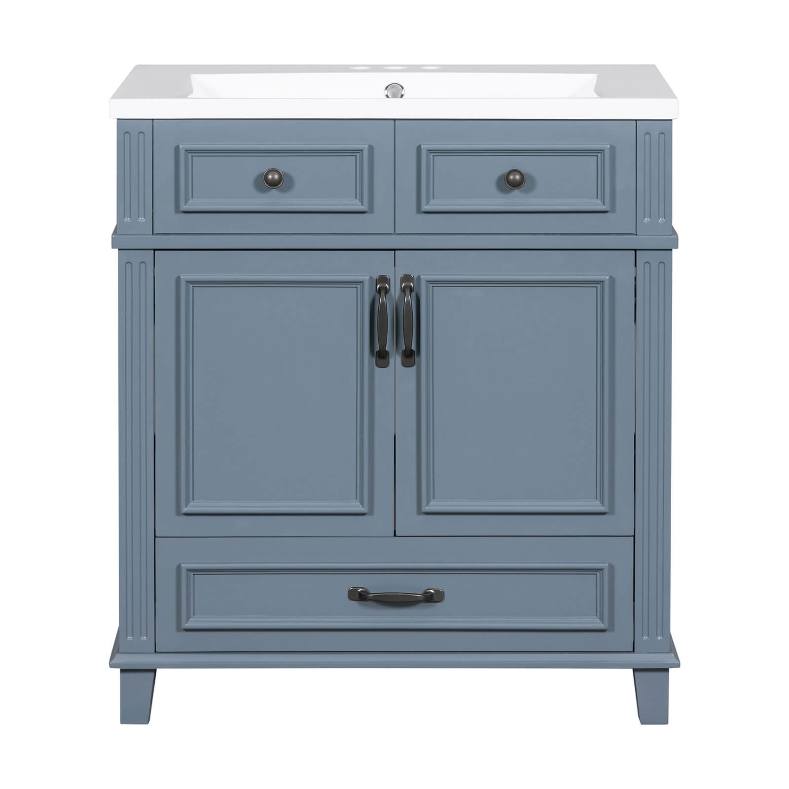 Minimalist blue gray vanity with freestanding design