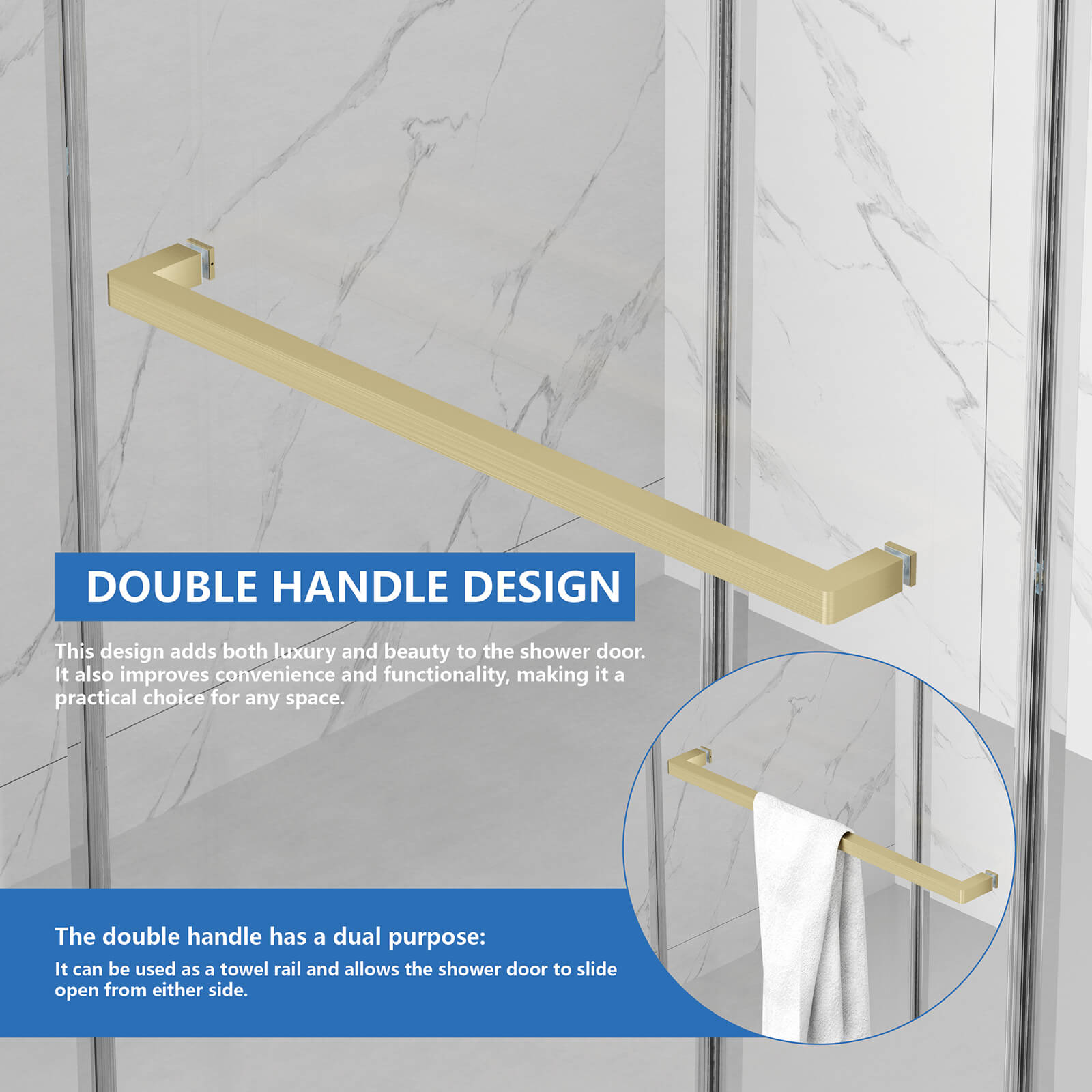 Minimalist gold shower enclosure with towel bar